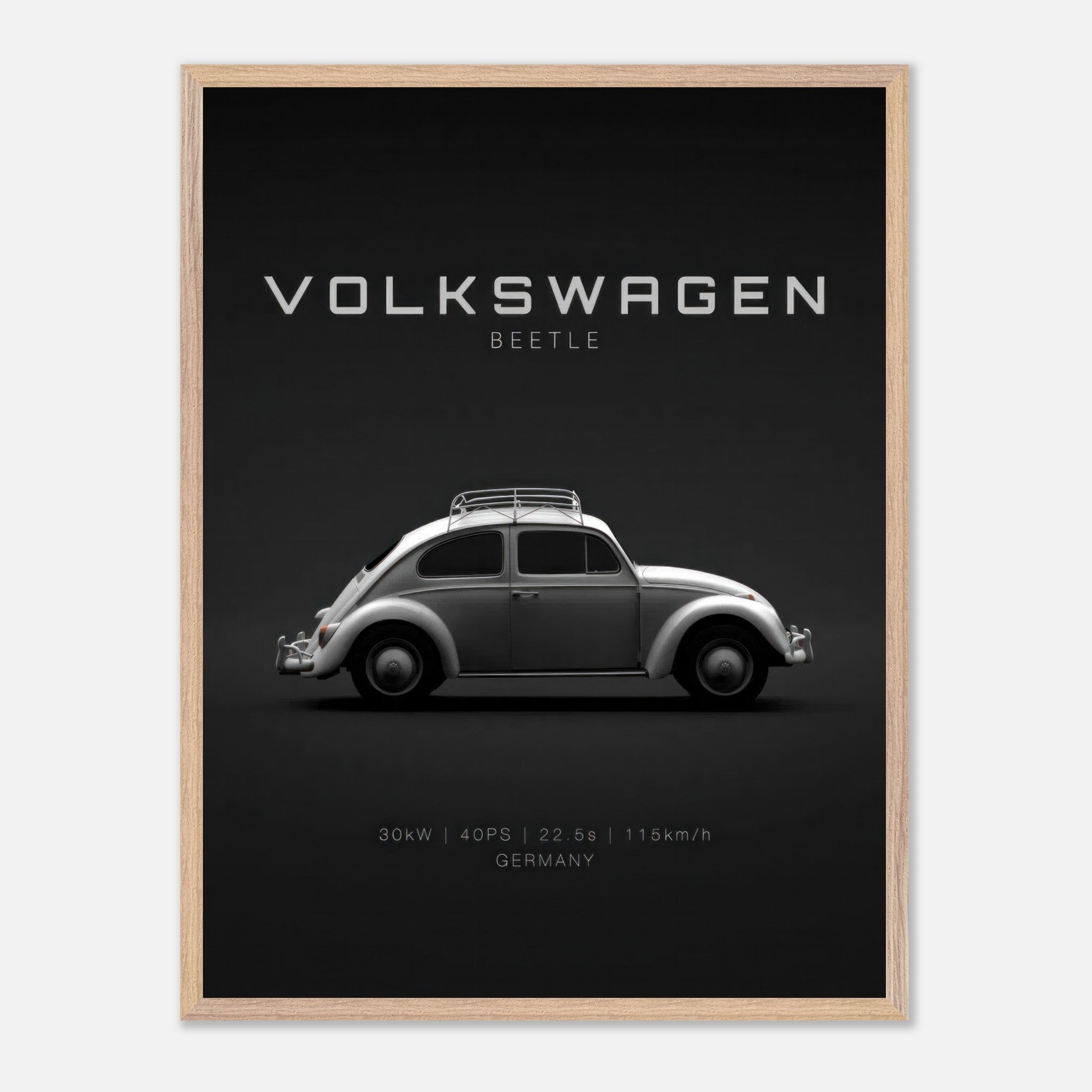 Volkswagen Beetle vintage framed art on black background, showcasing classic design and elegant style.