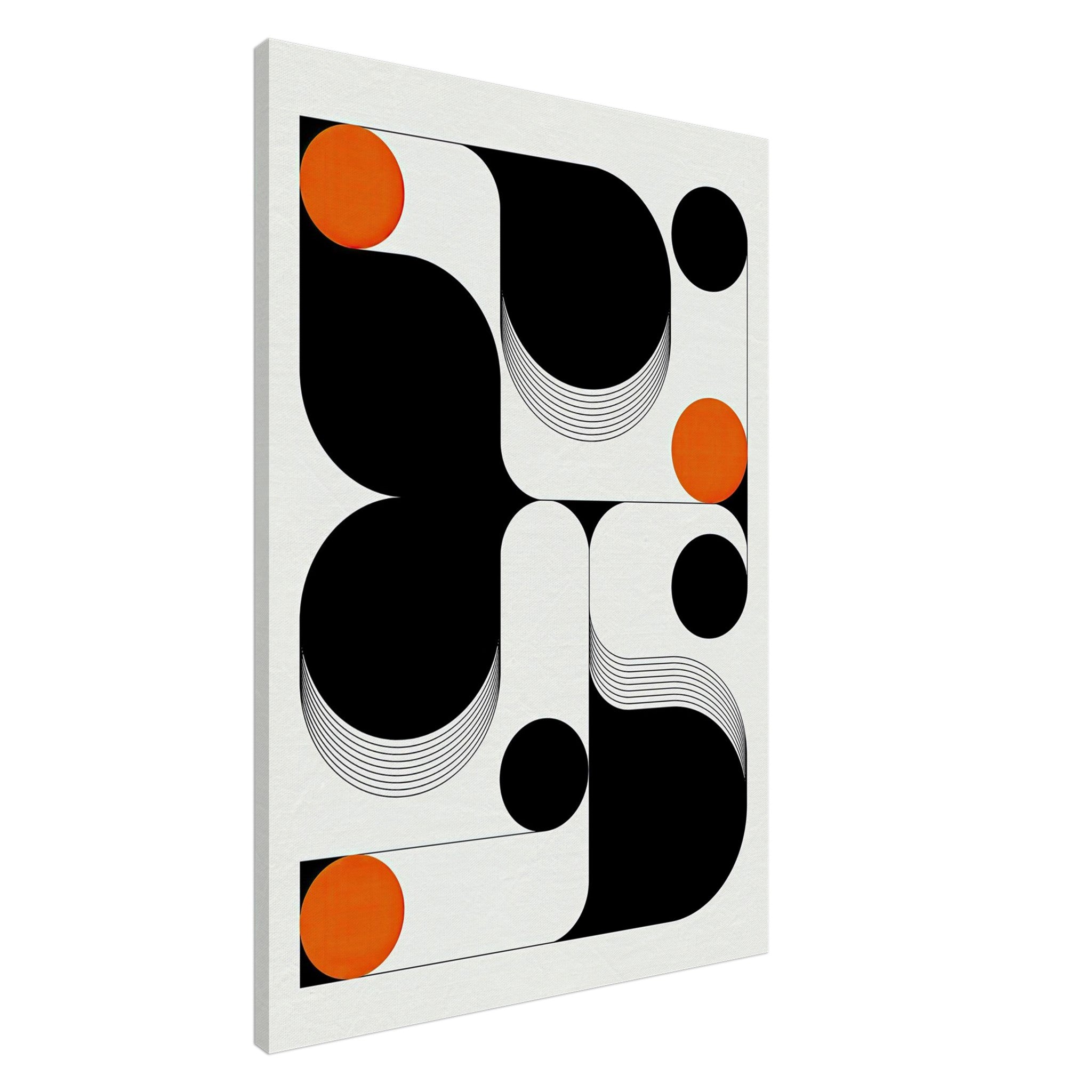 Modern geometric abstract art canvas print with black curves and orange accents.