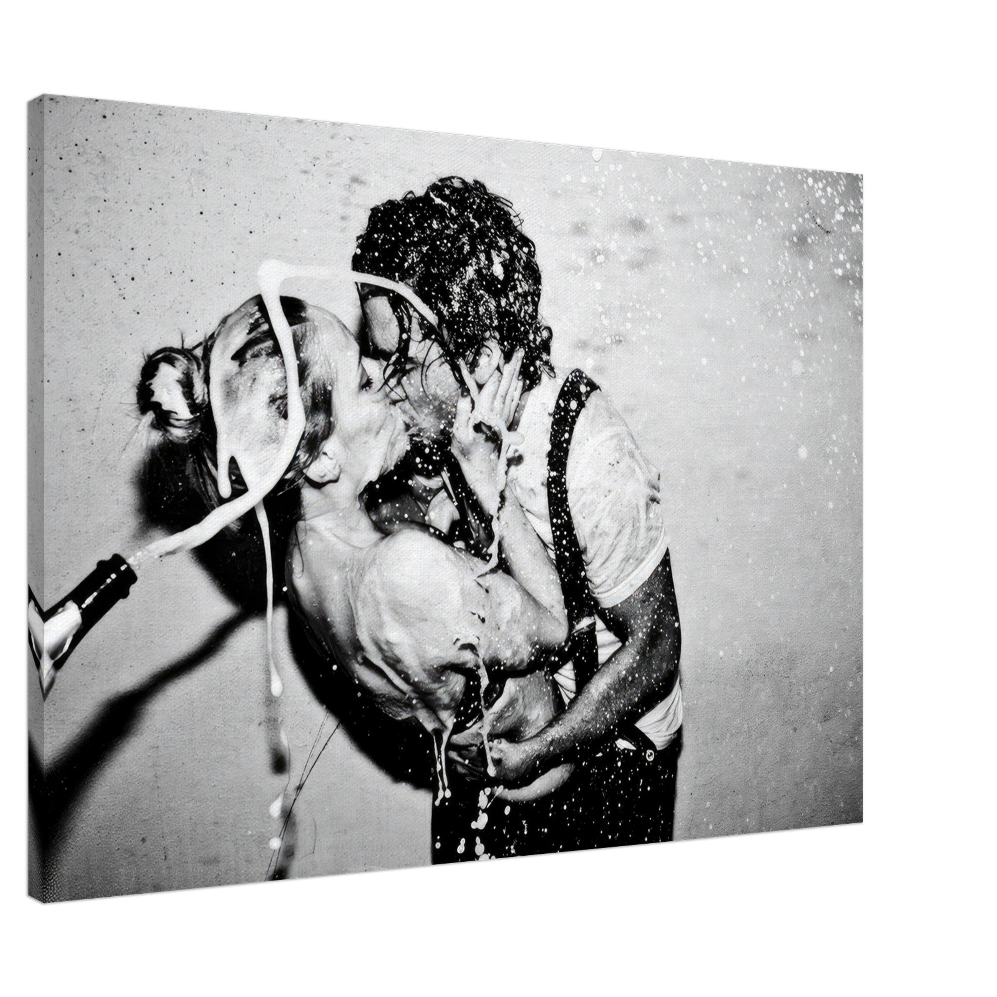 The Champagne Kiss canvas print featuring a passionate embrace amidst champagne spray in black-and-white.