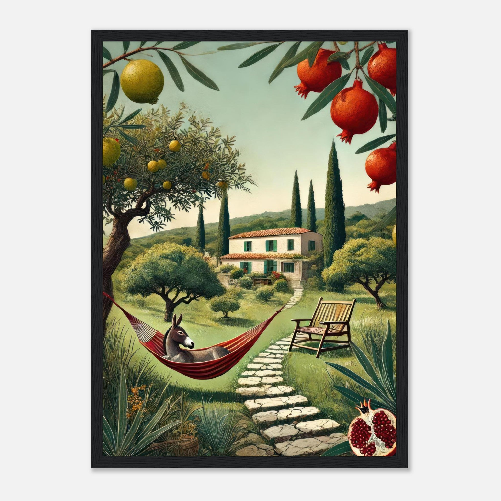 Mediterranean rural landscape framed print featuring a donkey in a hammock and lush greenery.