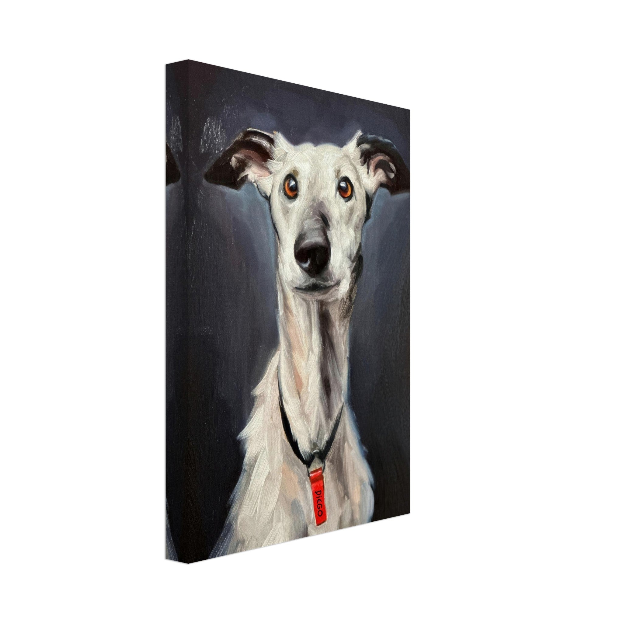 Greyhound dog painting on canvas print showcasing elegant features and soulful expression.