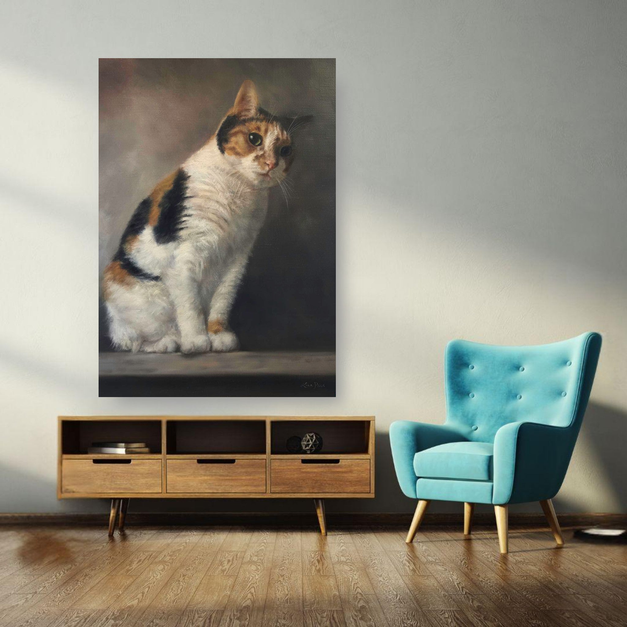 Realistic cat portrait painting poster adorning a stylish living room wall with modern decor.