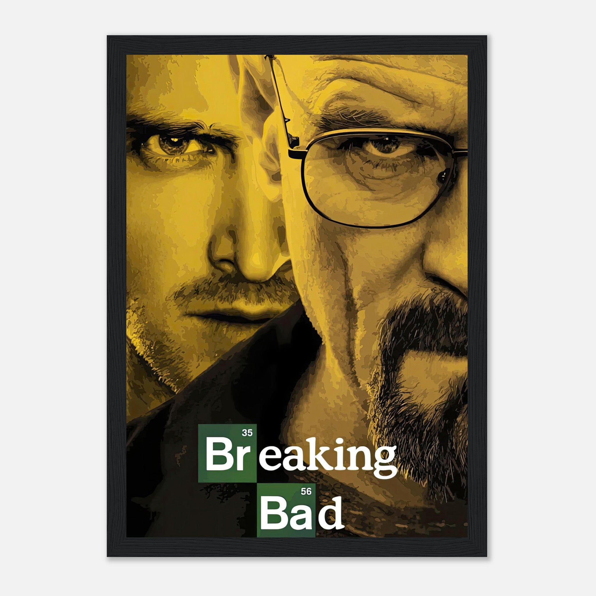 Breaking Bad official poster featuring Walter White and Jesse Pinkman in bold colors, framed print for fans of the series.