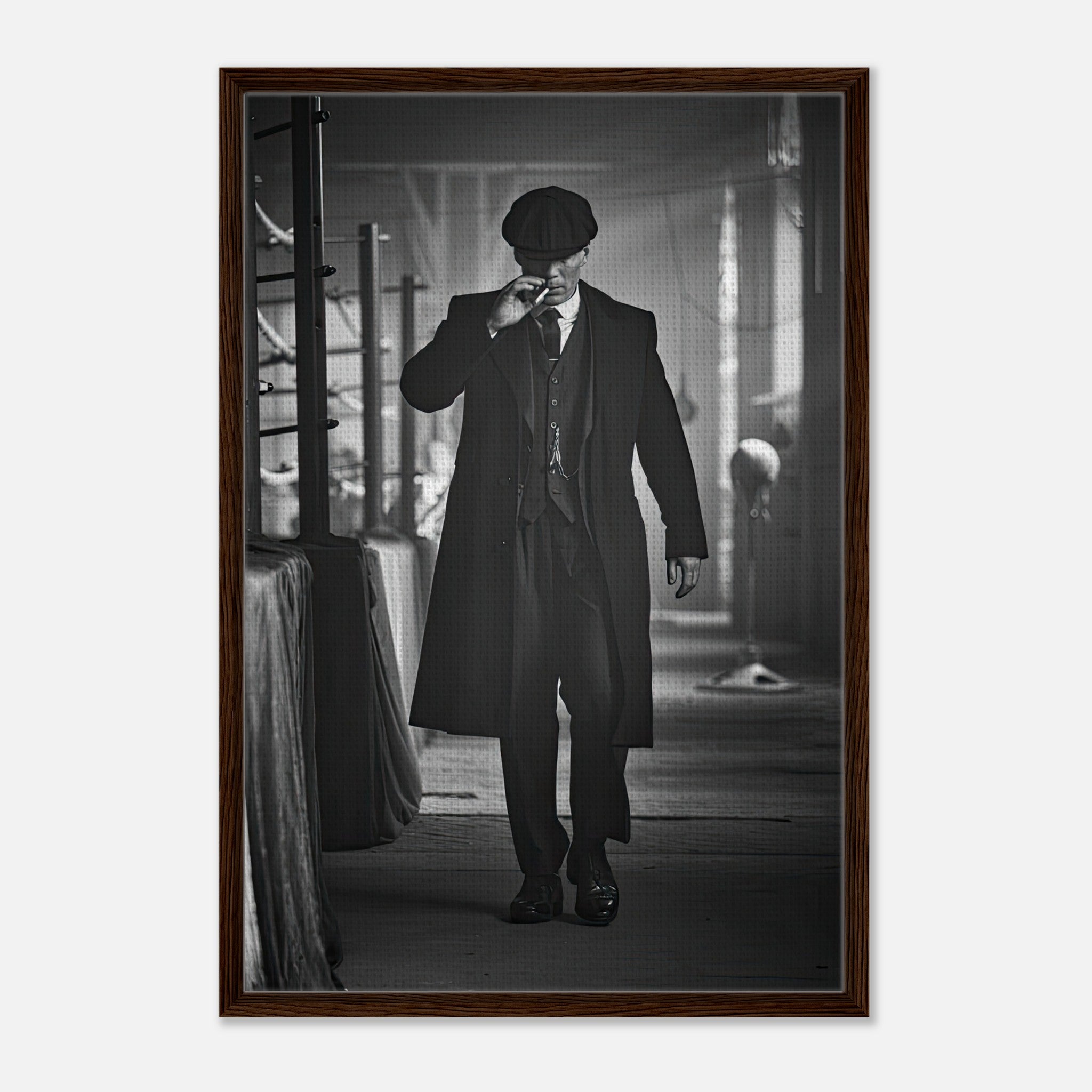 Tommy Shelby framed canvas print from Peaky Blinders, showcasing his iconic style in monochrome.