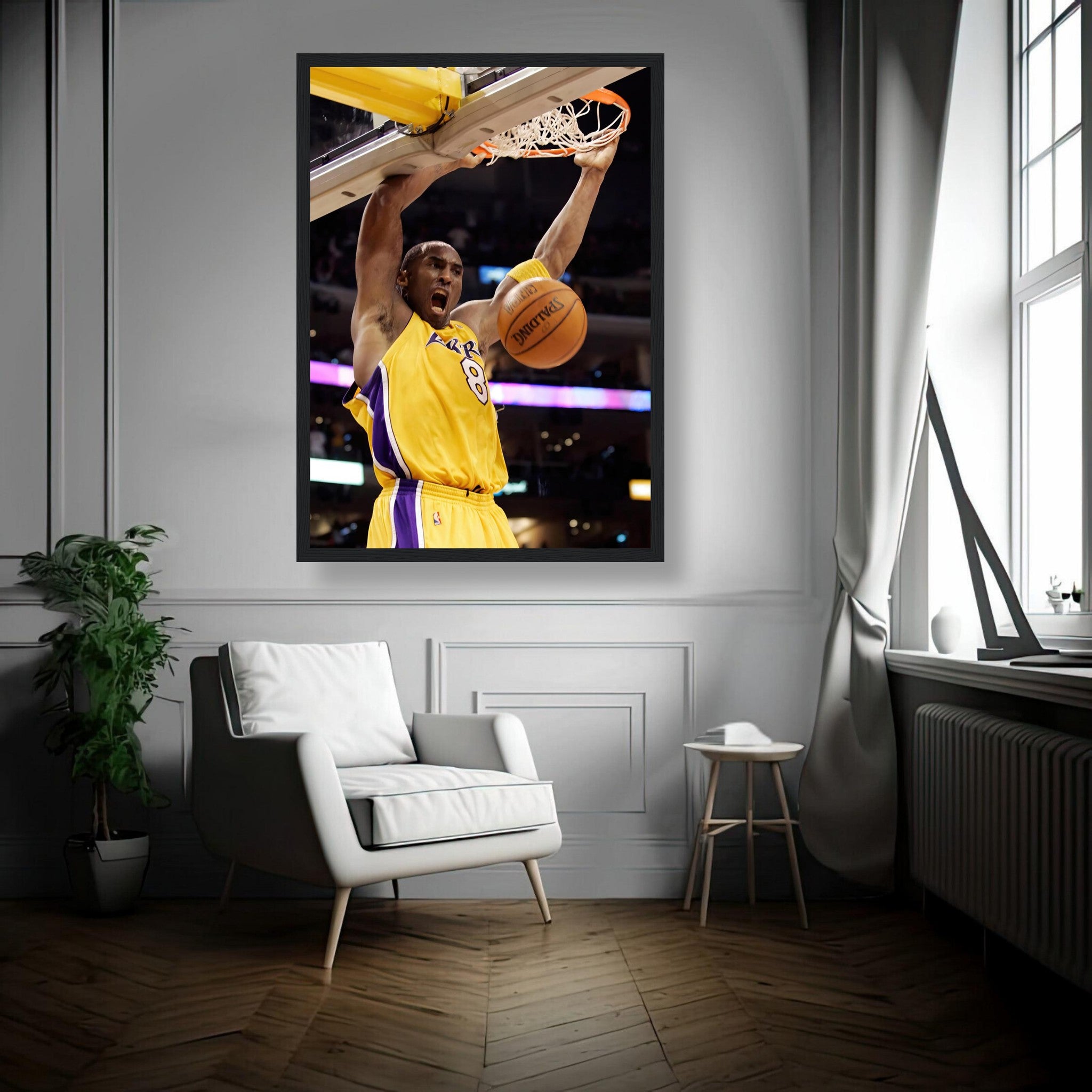 Kobe Bryant's iconic slam dunk framed print showcasing his determination in Lakers colors.