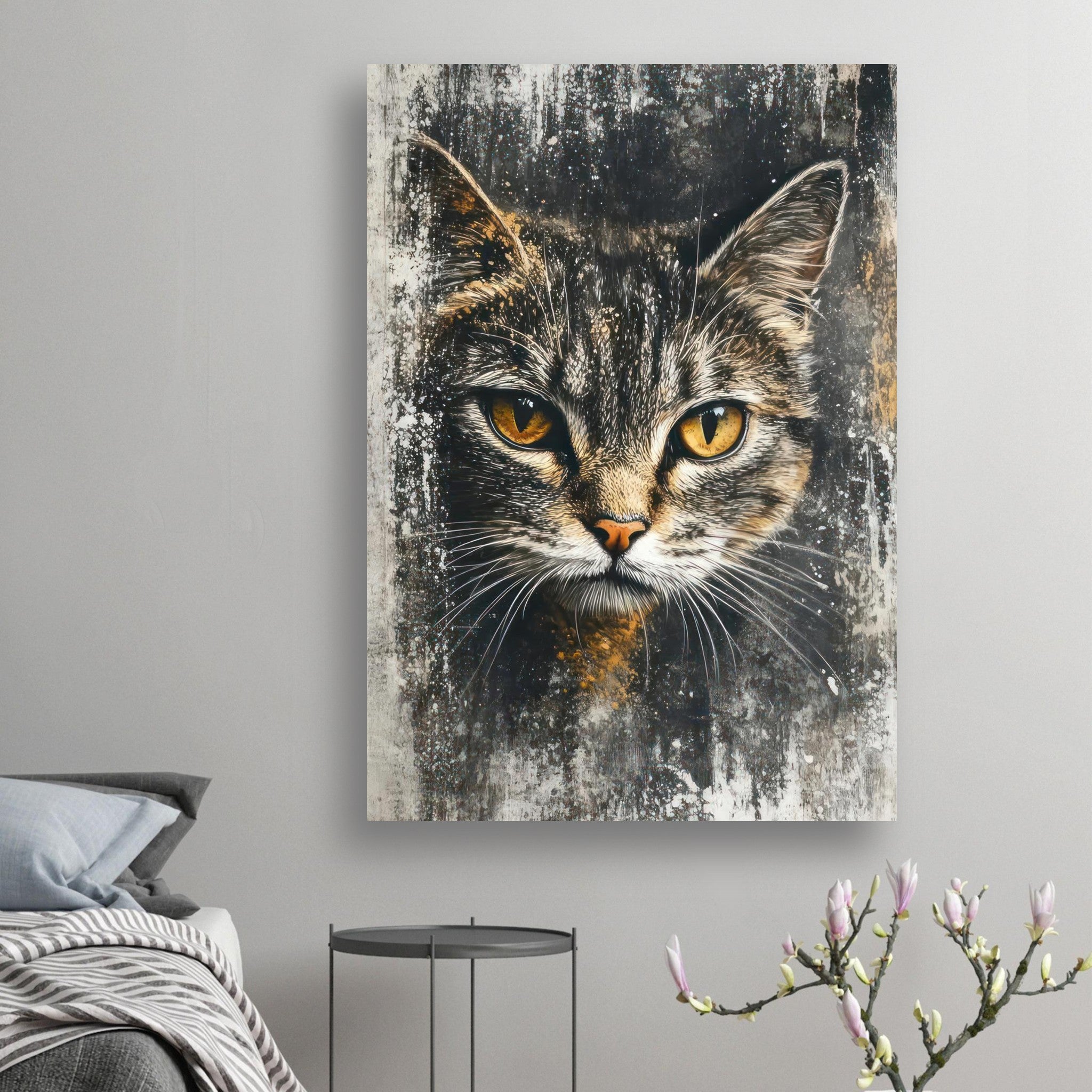 Cat painting artwork poster featuring a captivating feline portrait with golden eyes on a textured background.
