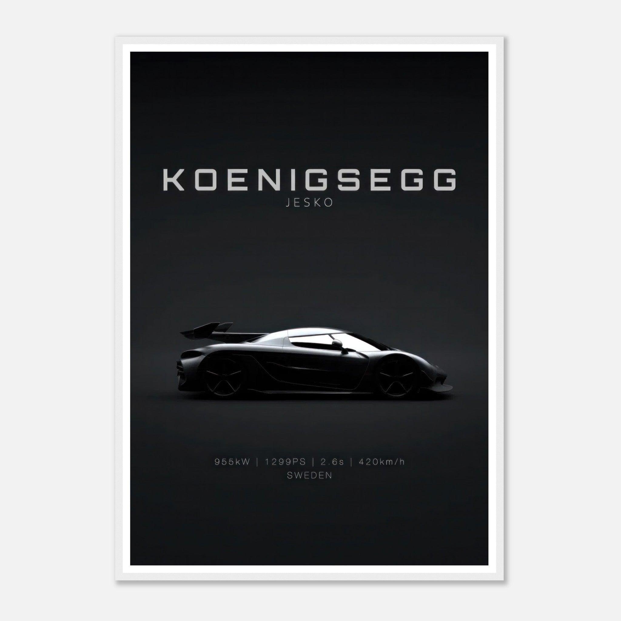 Koenigsegg Jesko framed poster showcasing a sleek hypercar silhouette against a minimalist black background.