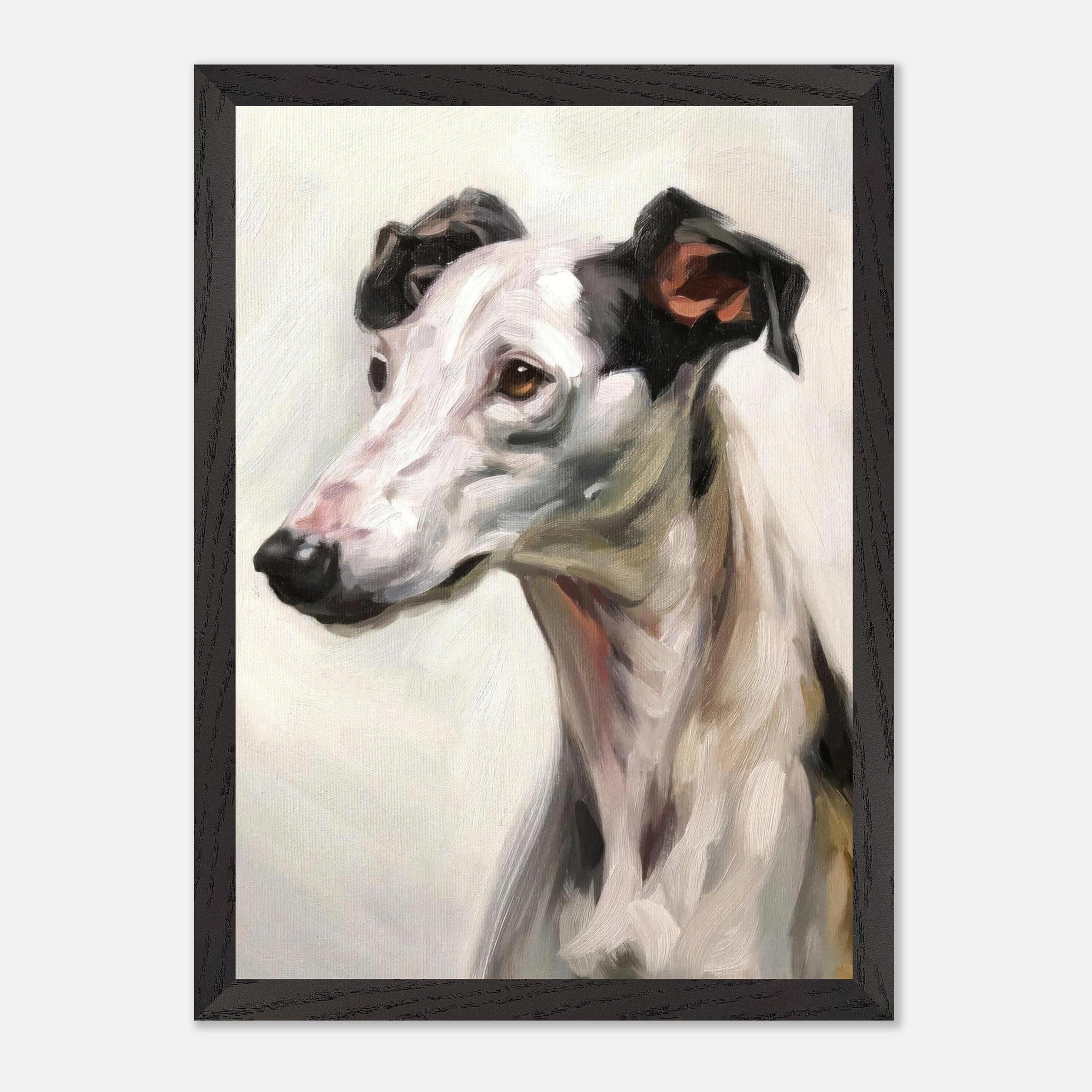 Vintage framed painting of a greyhound dog showcasing elegant brushstrokes and soft colors.
