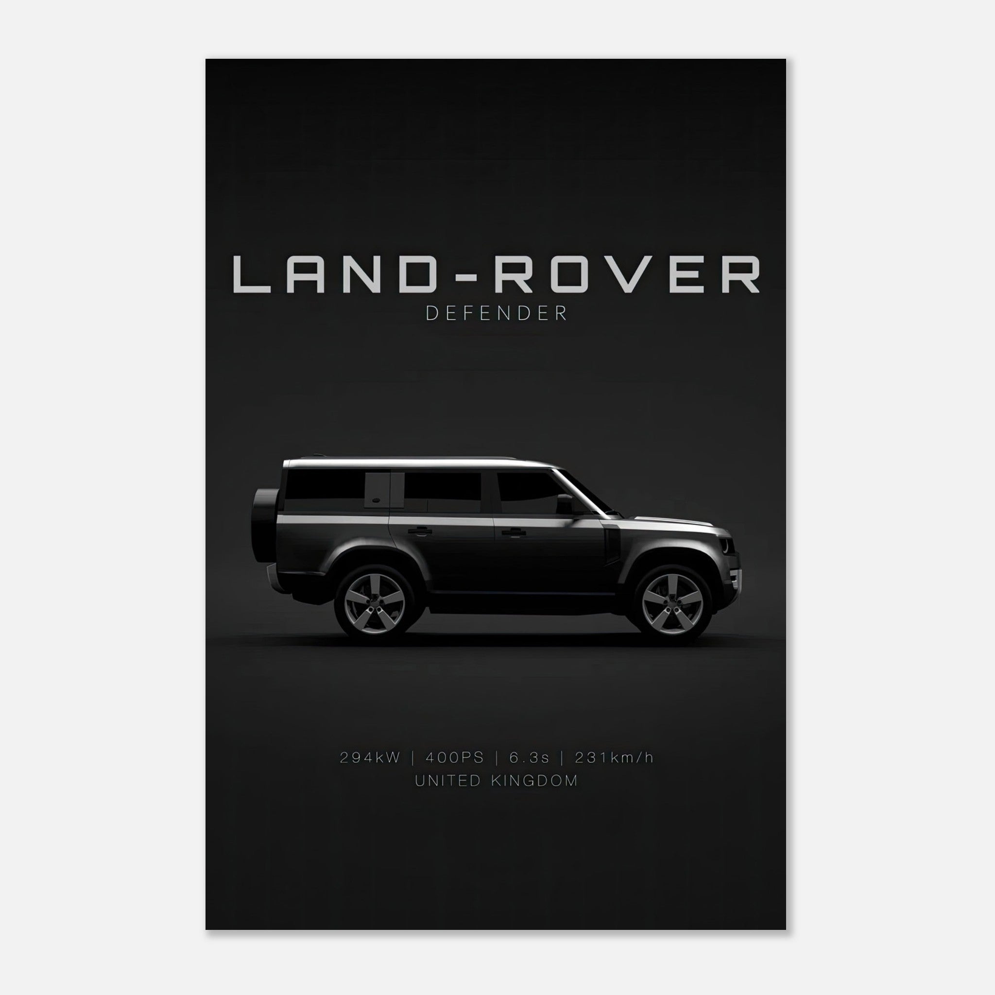 Land Rover Defender metal print in profile view on a sleek black background, highlighting its modern design.