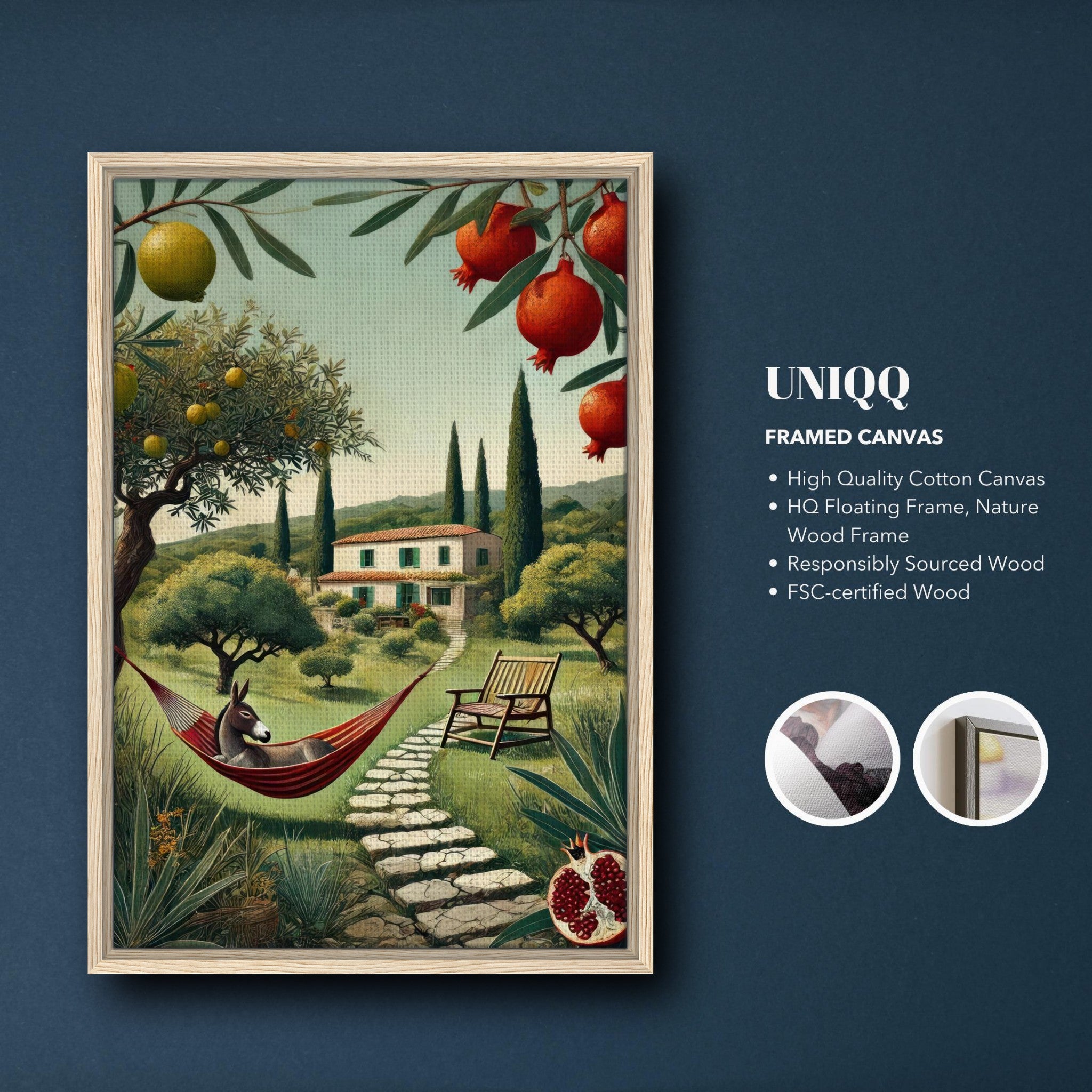 Mediterranean rural landscape framed canvas print with olive trees, a farmhouse, and a relaxed donkey.
