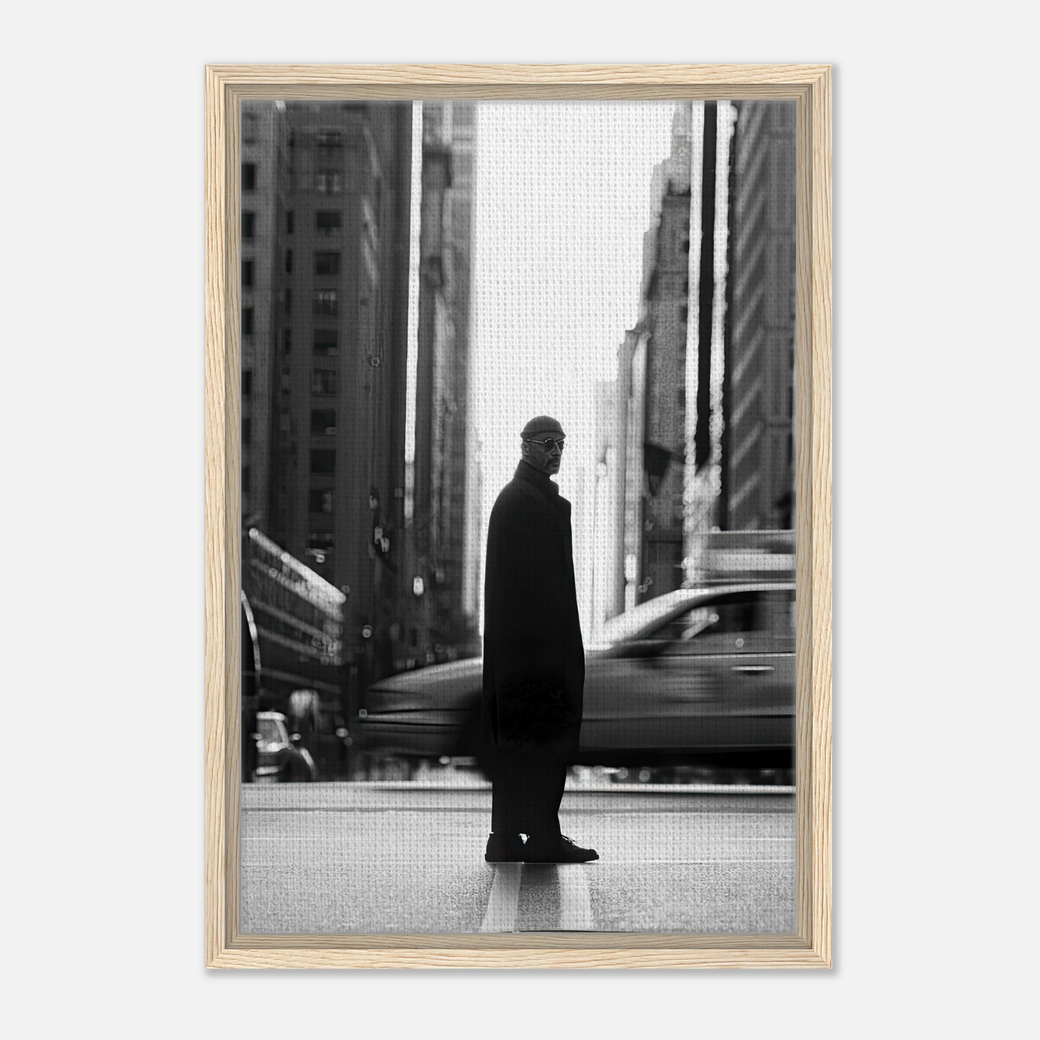 Jean Reno as Leon in New York - black-and-white framed canvas artwork depicting urban sophistication.