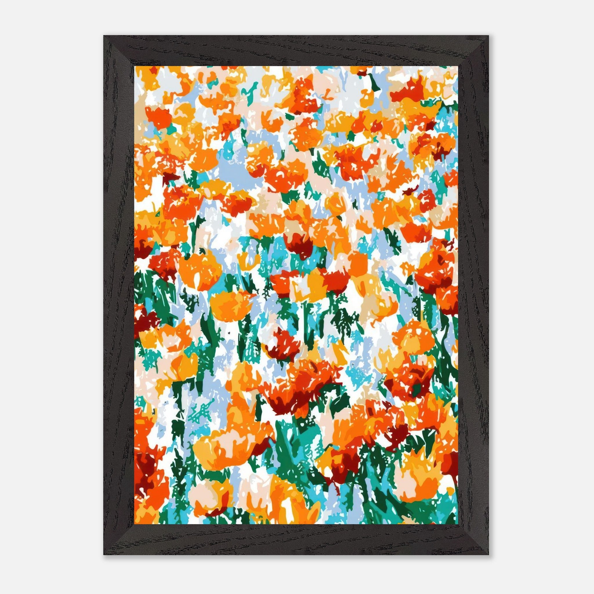 Abstract floral tulip garden print in vibrant orange and yellow hues with a modern black frame.