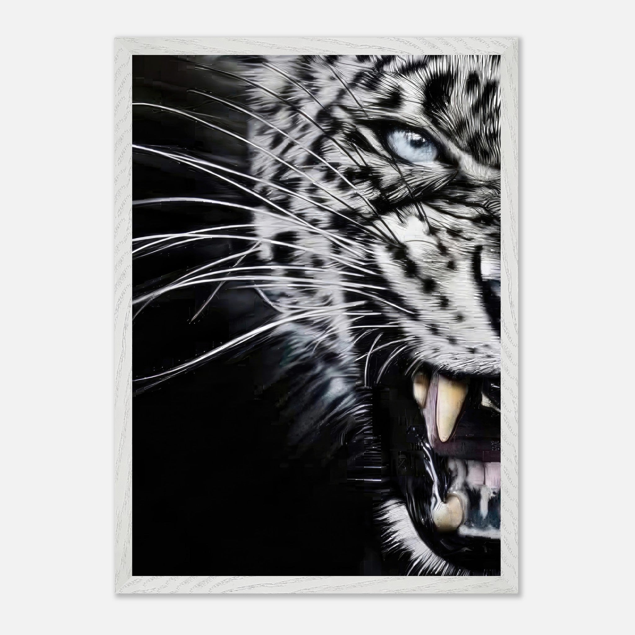 Leopard close-up portrait vintage framed print showcasing piercing blue eyes and fierce expression.