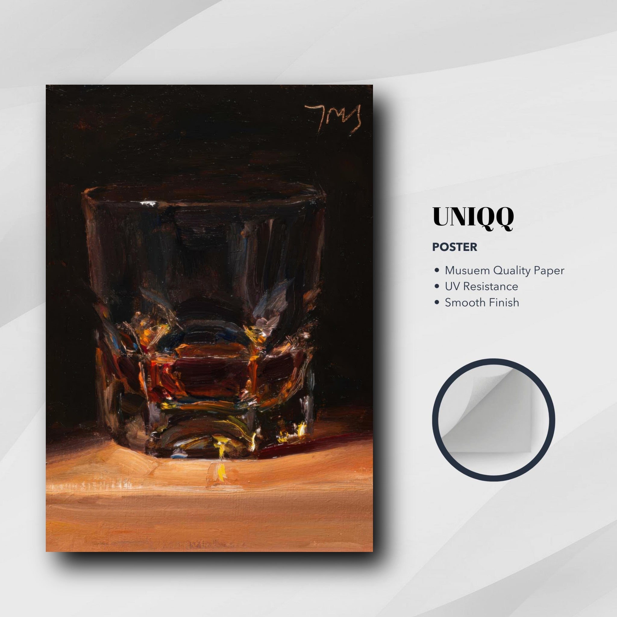 Whiskey oil painting art poster with a glass showcasing warm amber hues, perfect for kitchen or restaurant decor.
