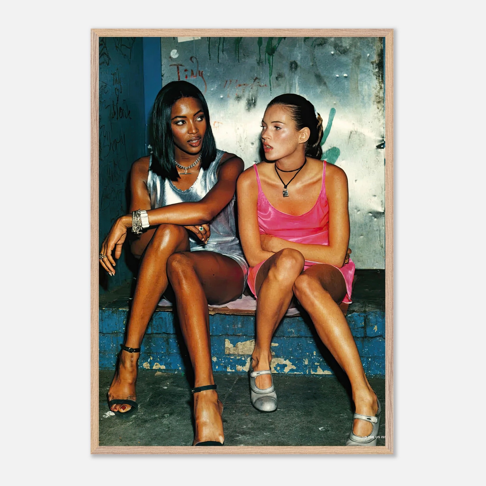 Naomi Campbell & Kate Moss vintage framed print showcasing iconic 90s supermodel style and elegance.