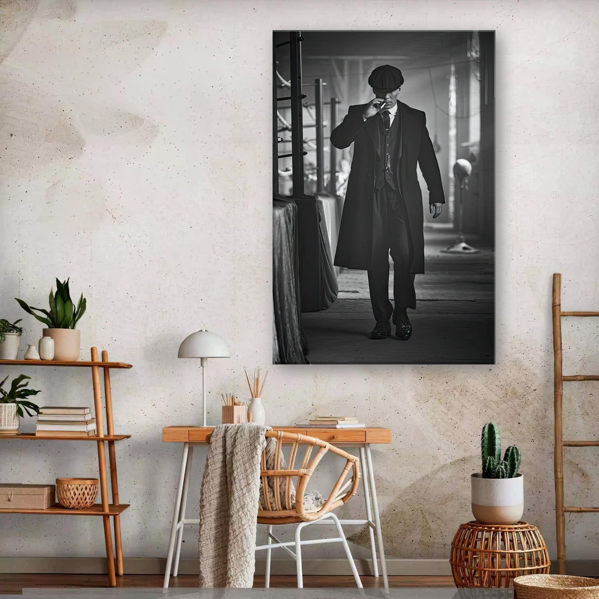 Tommy Shelby portrait in black and white canvas, adding vintage charm to modern decor.