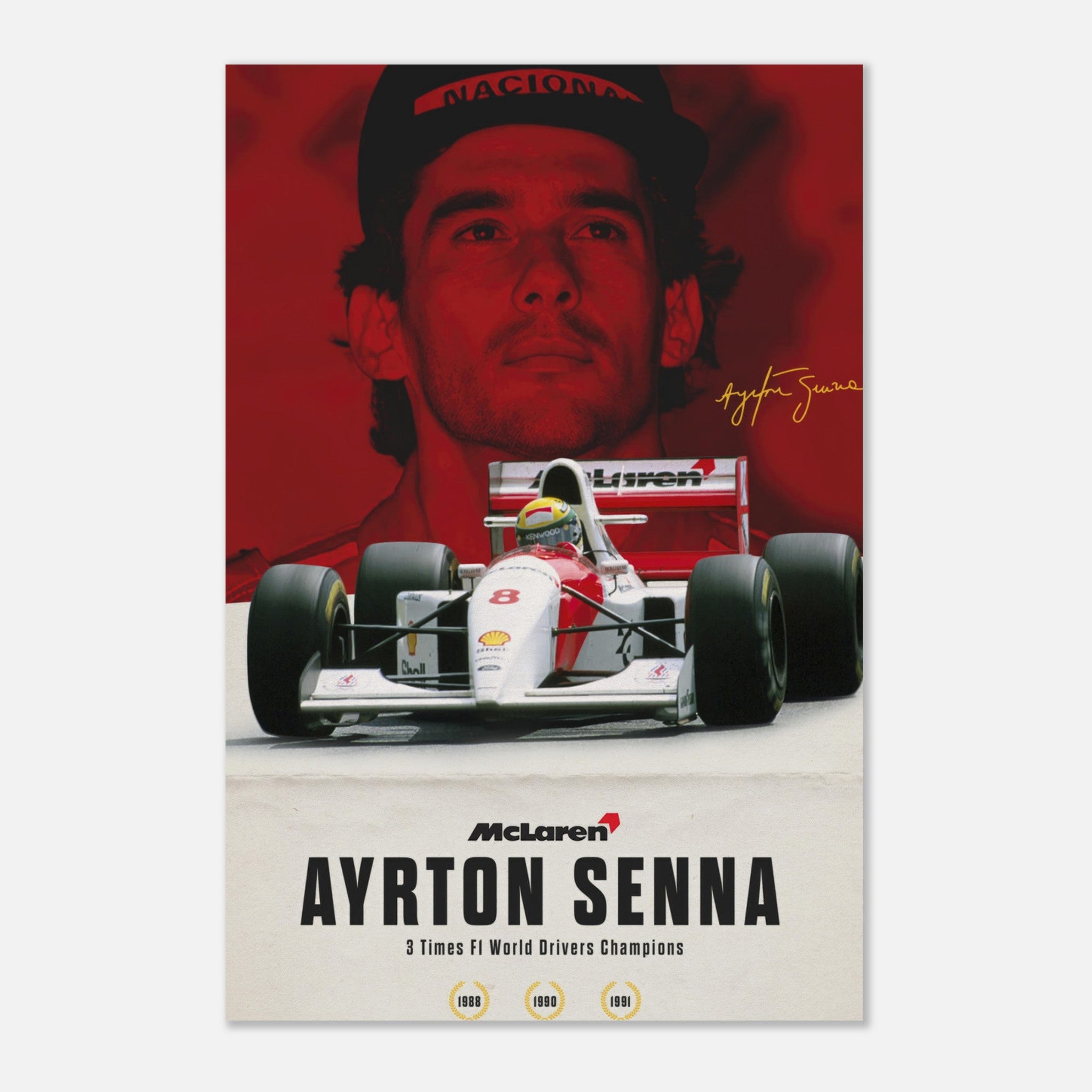 Ayrton Senna metal print featuring McLaren MP4/4 race car with a vibrant red background and signature.