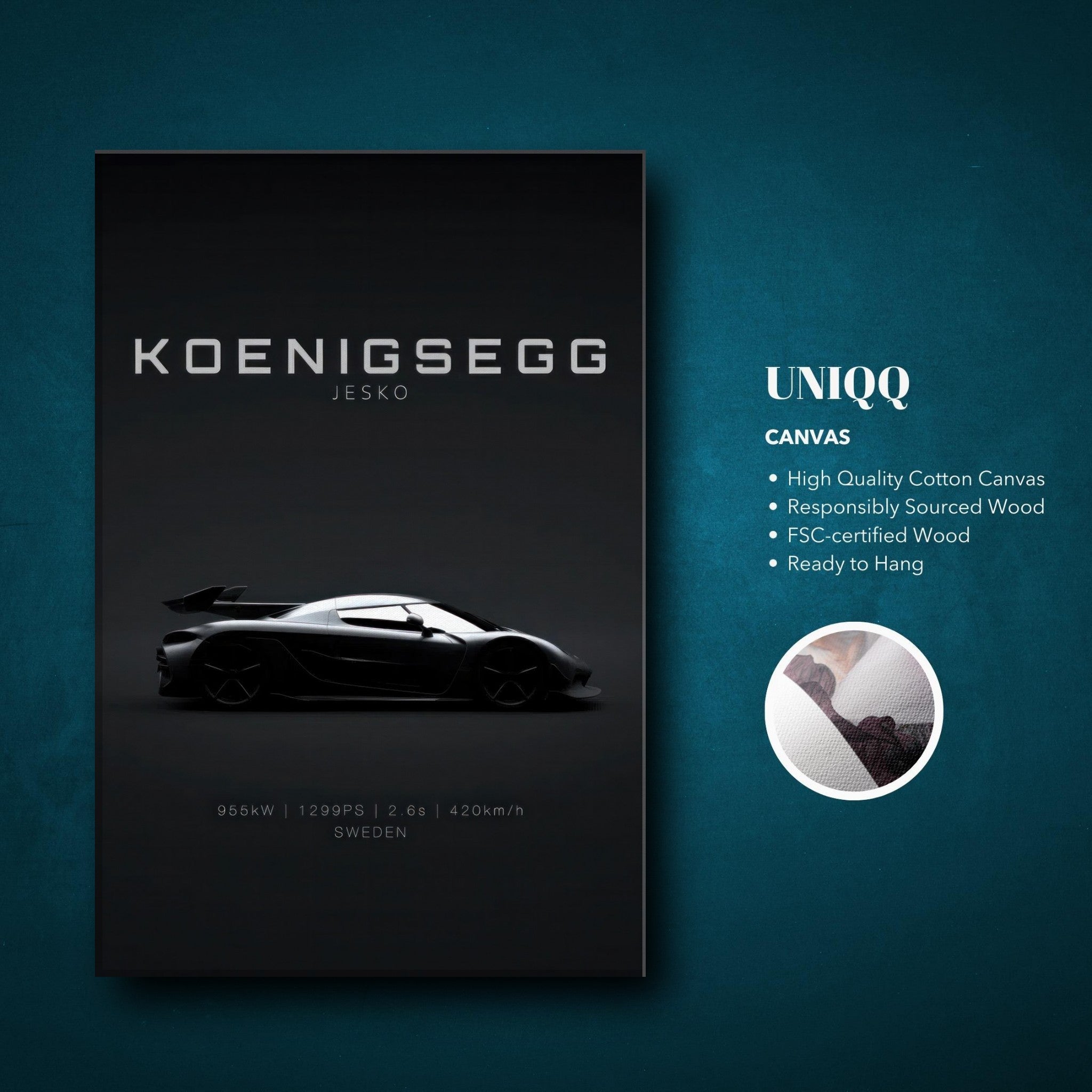 Koenigsegg Jesko canvas art featuring a sleek silhouette on a minimal black background, showcasing Swedish engineering.