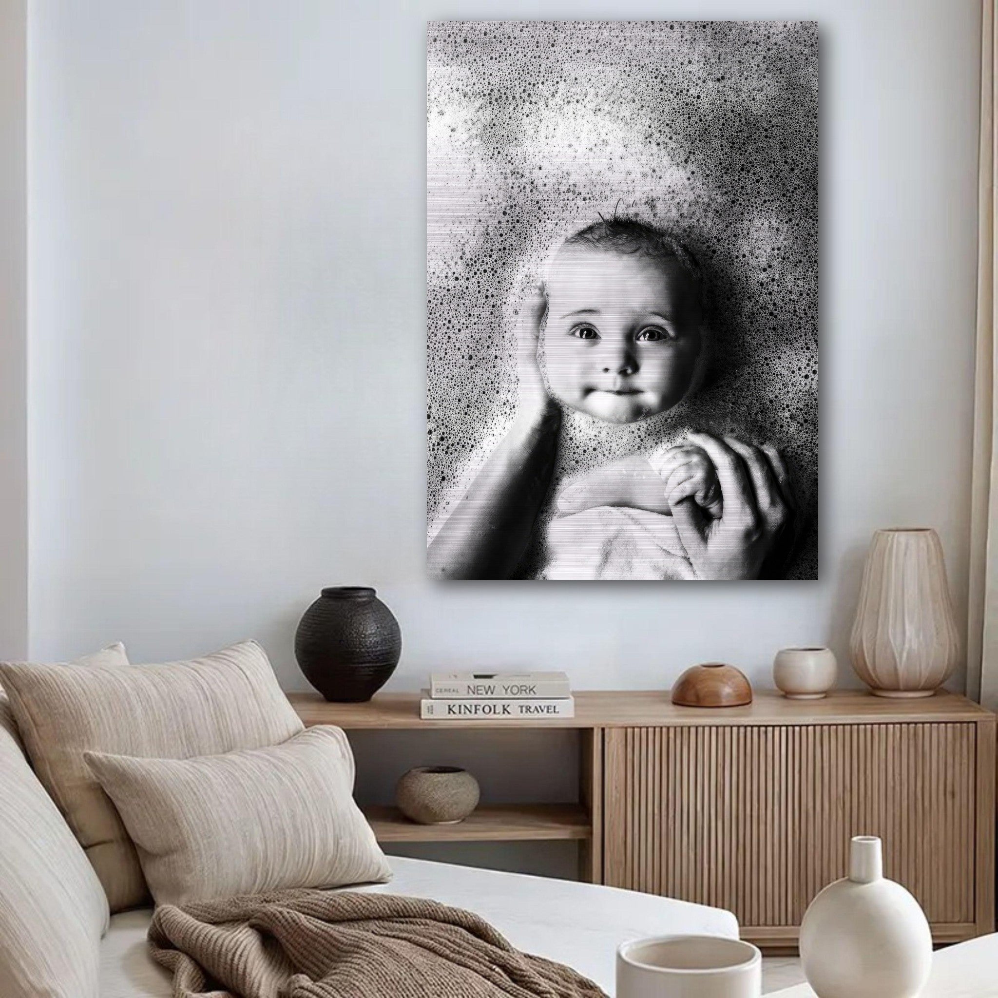 Baby bath photography print on brushed metal featuring a smiling baby surrounded by bubbles in a serene setting.