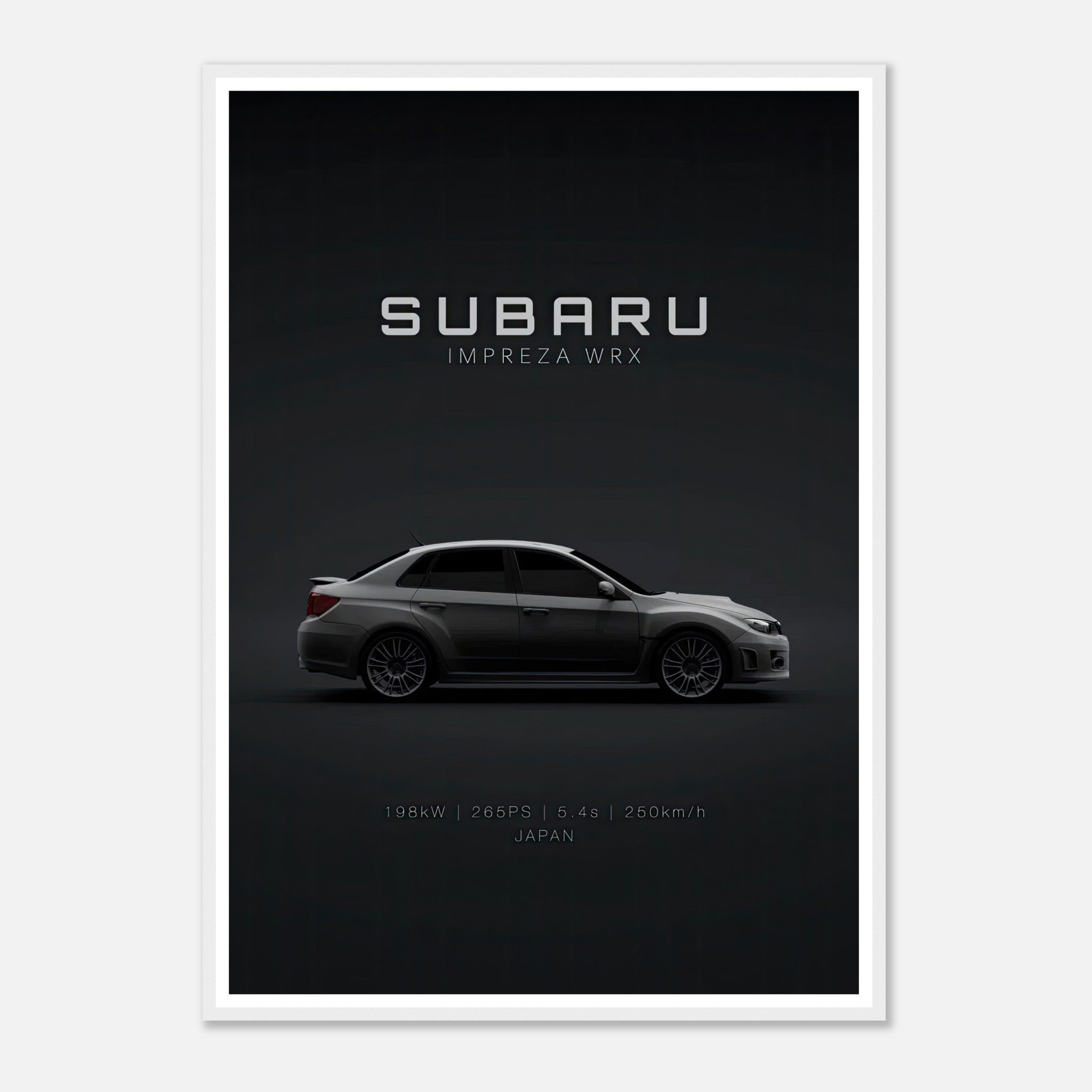 Subaru WRX framed poster featuring sleek design on dark background, highlighting performance and style.