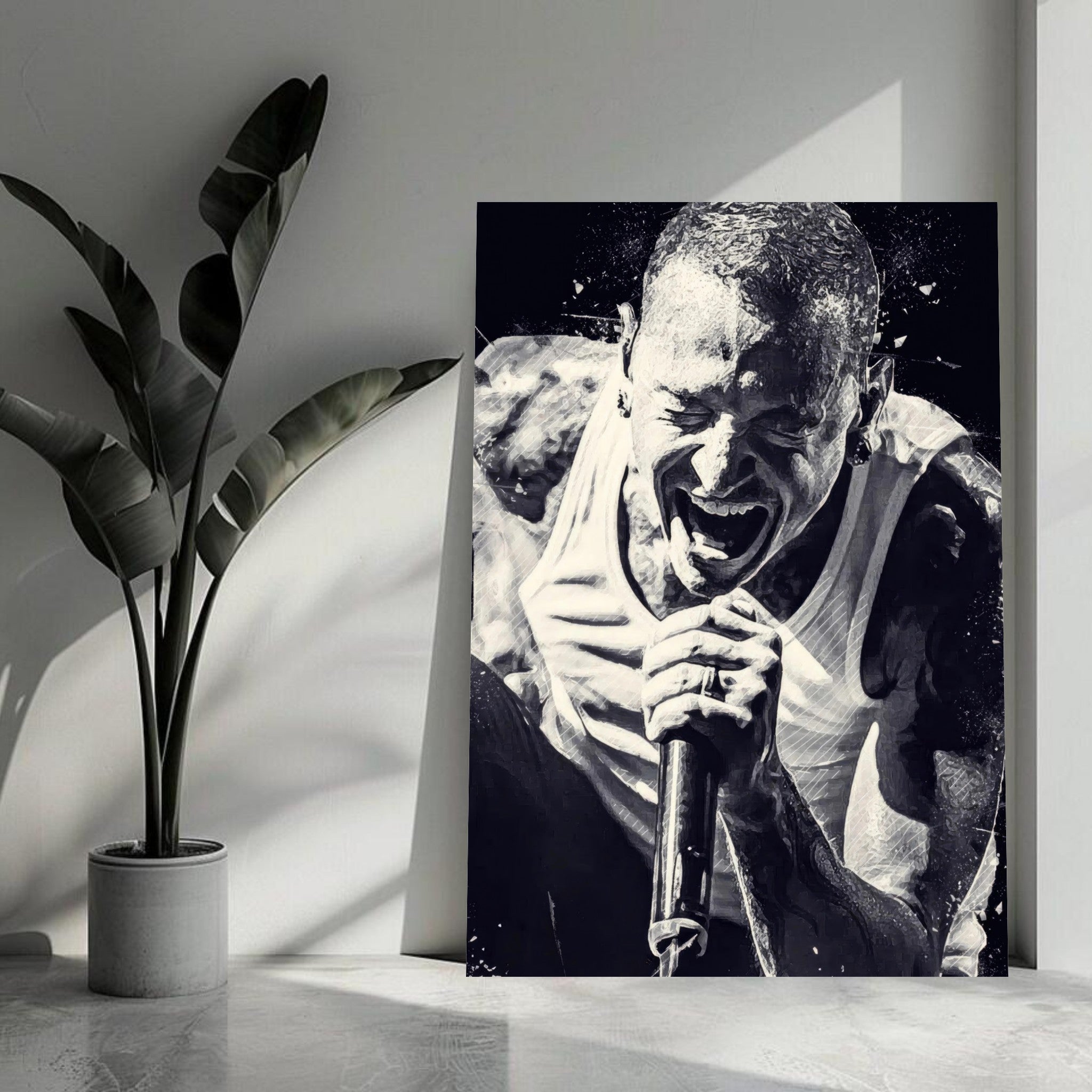 Chester Bennington metal print showcasing a black-and-white portrait of the energetic Linkin Park frontman.