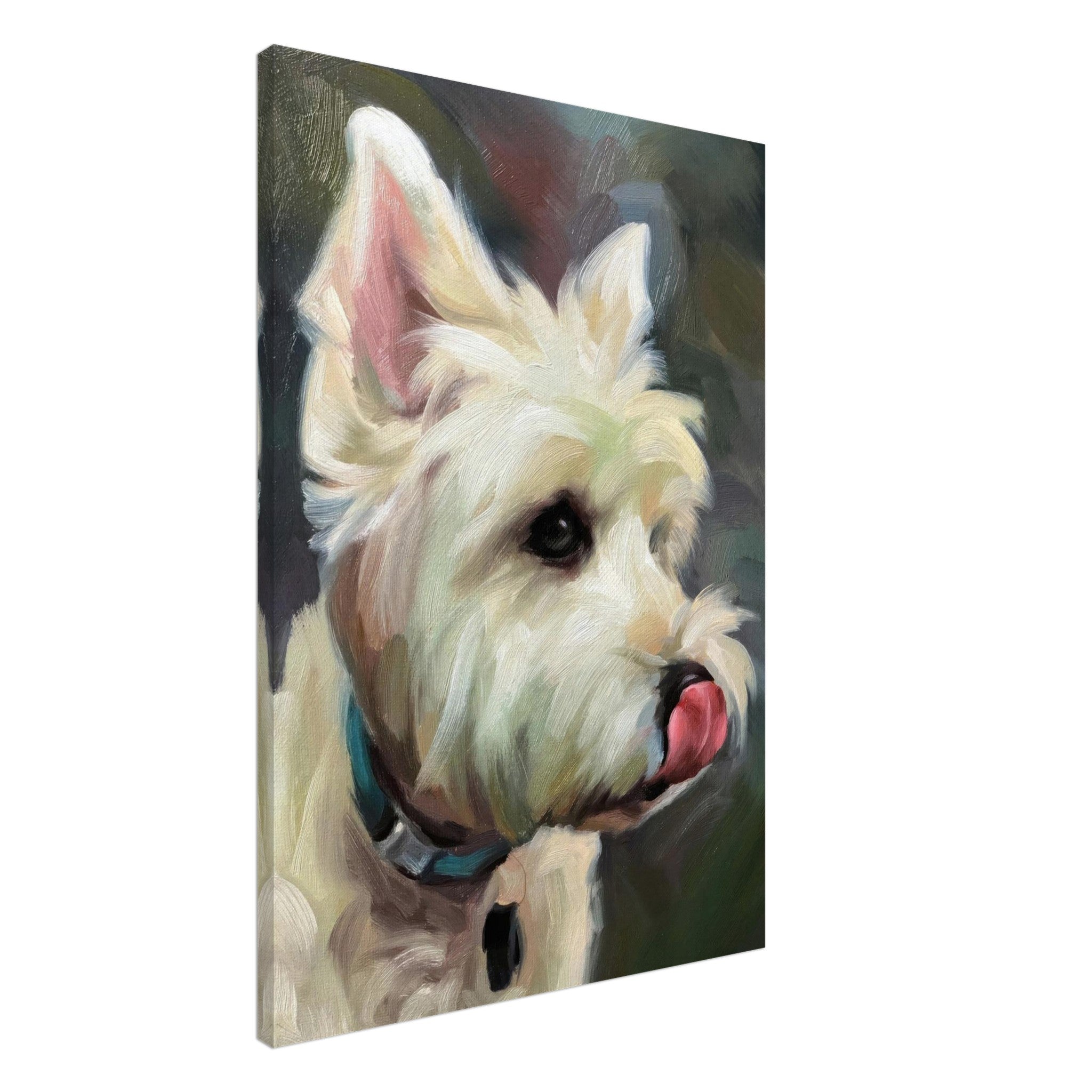 Westie dog painting canvas print showcasing a playful West Highland White Terrier with expressive eyes and tongue out.