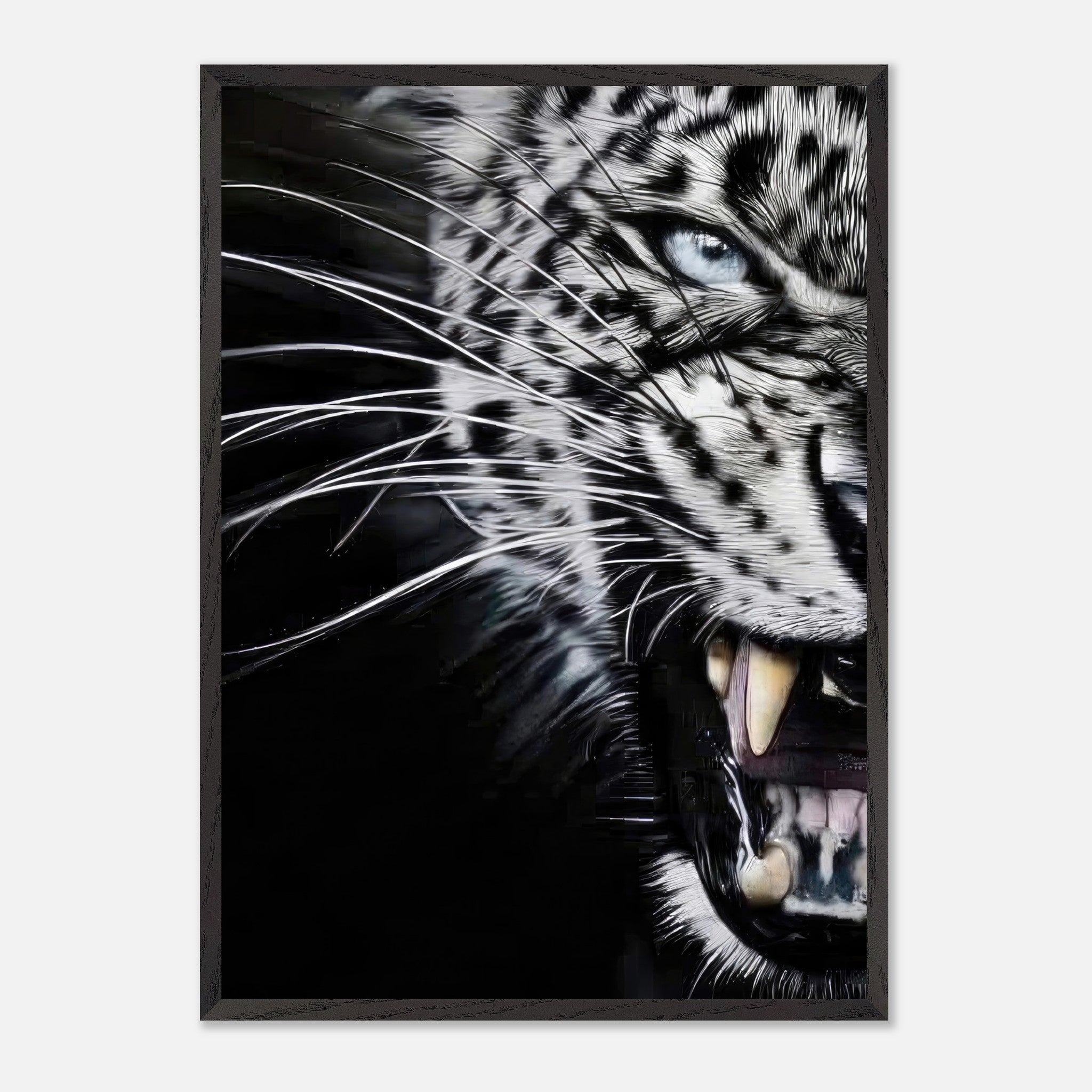 Leopard close-up portrait, fine art print showcasing detailed fur and fierce expression, museum quality.