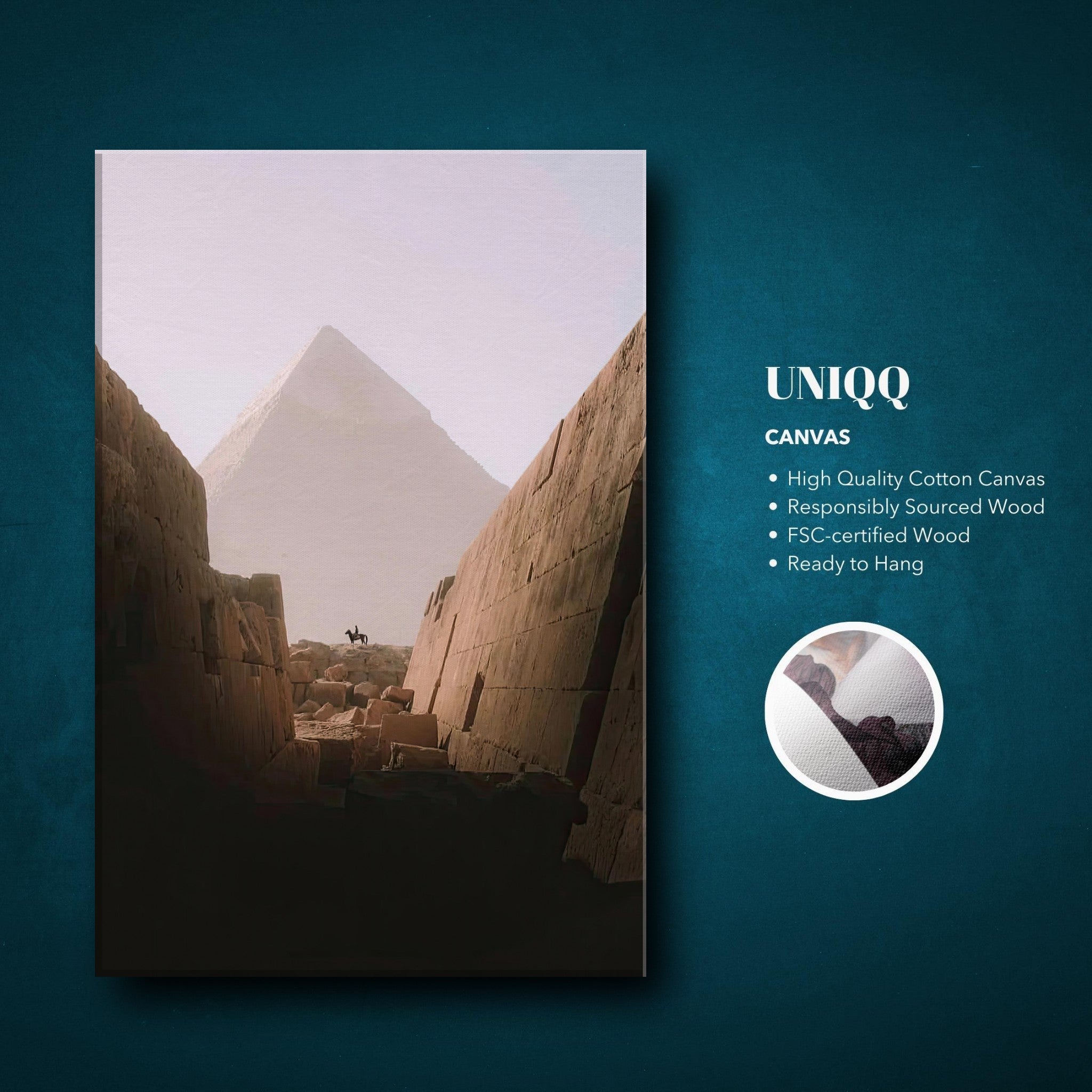 Horse and rider silhouetted against the Great Pyramid of Giza on a high-quality canvas print.