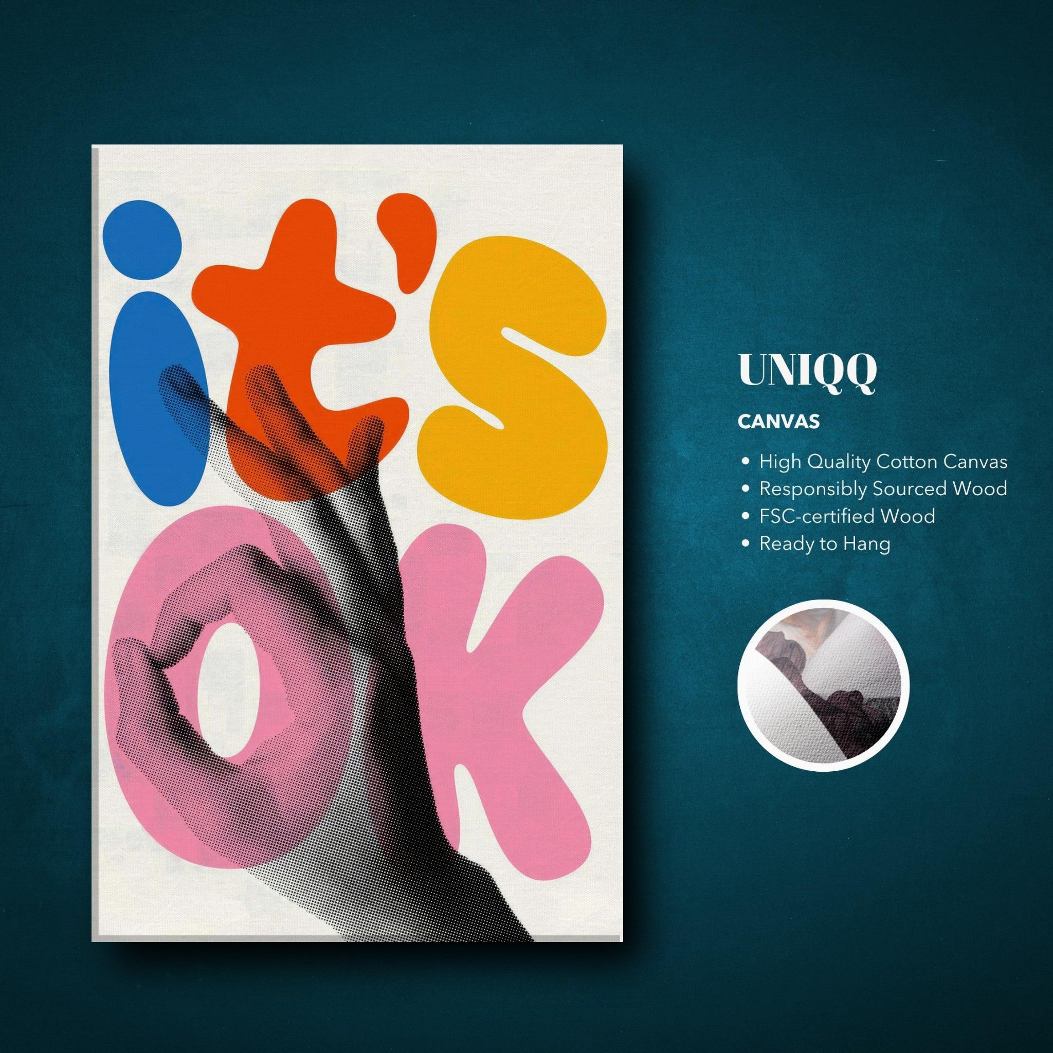 Retro abstract pop art canvas print featuring colorful typography and a halftone hand gesture, radiating positivity.