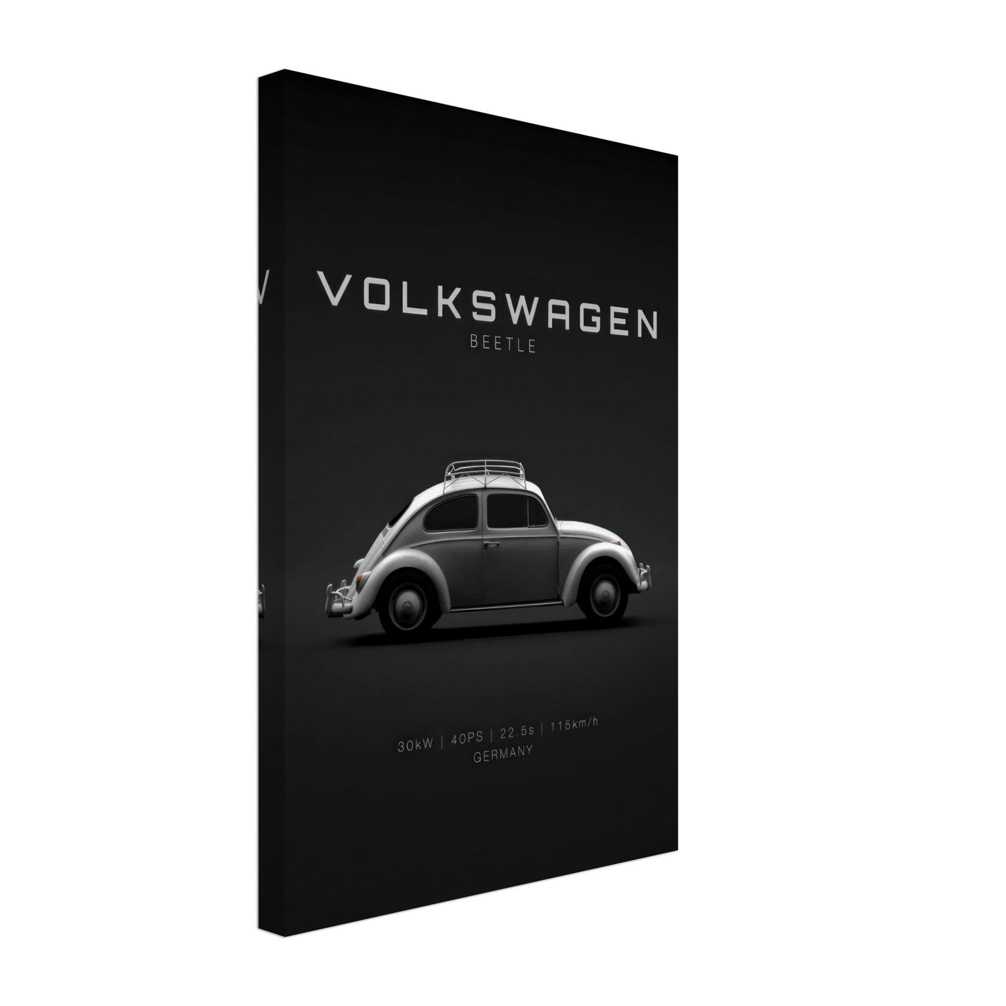 Volkswagen Beetle canvas artwork featuring classic car silhouette on a sleek black background.