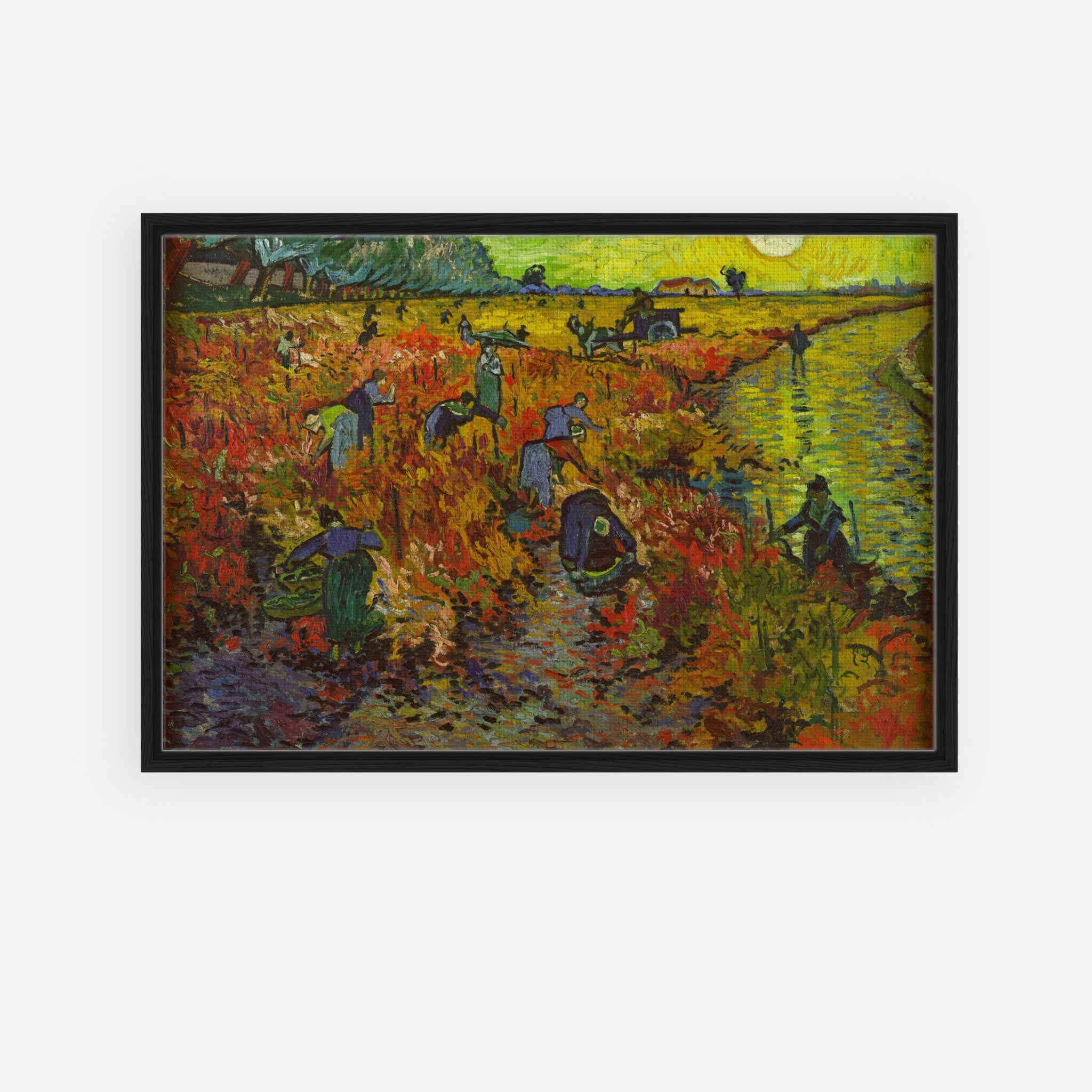 Framed canvas print of Van Gogh's The Red Vineyard depicting workers in a vibrant autumn vineyard.