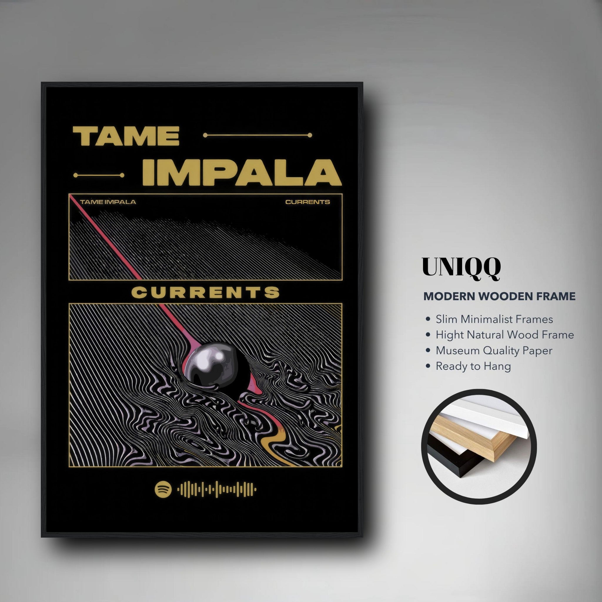 Tame Impala Currents framed poster featuring psychedelic artwork and minimalist Wood frame, perfect for decor.