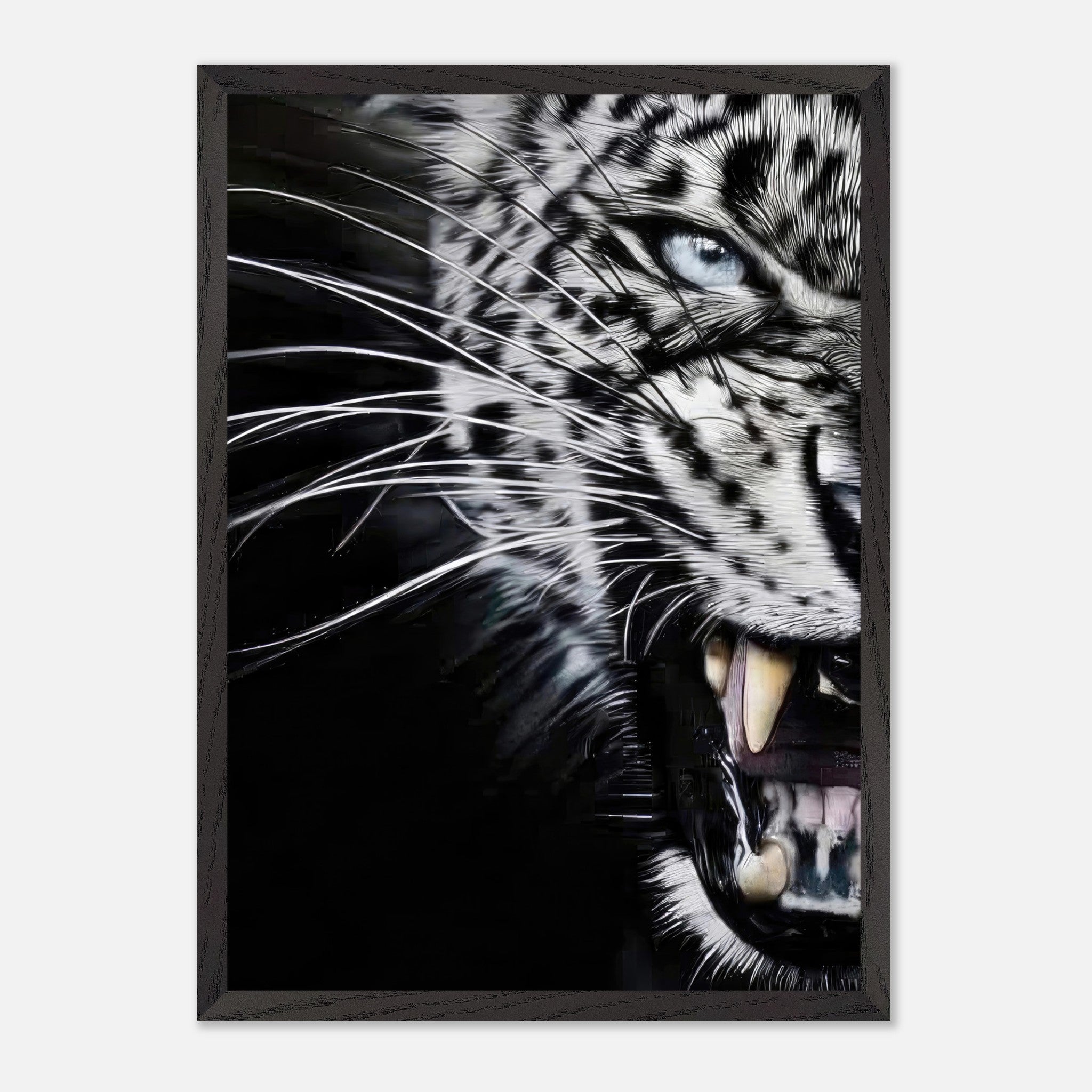 Leopard close-up portrait showcasing fierce eyes and intricate fur patterns in fine art quality.
