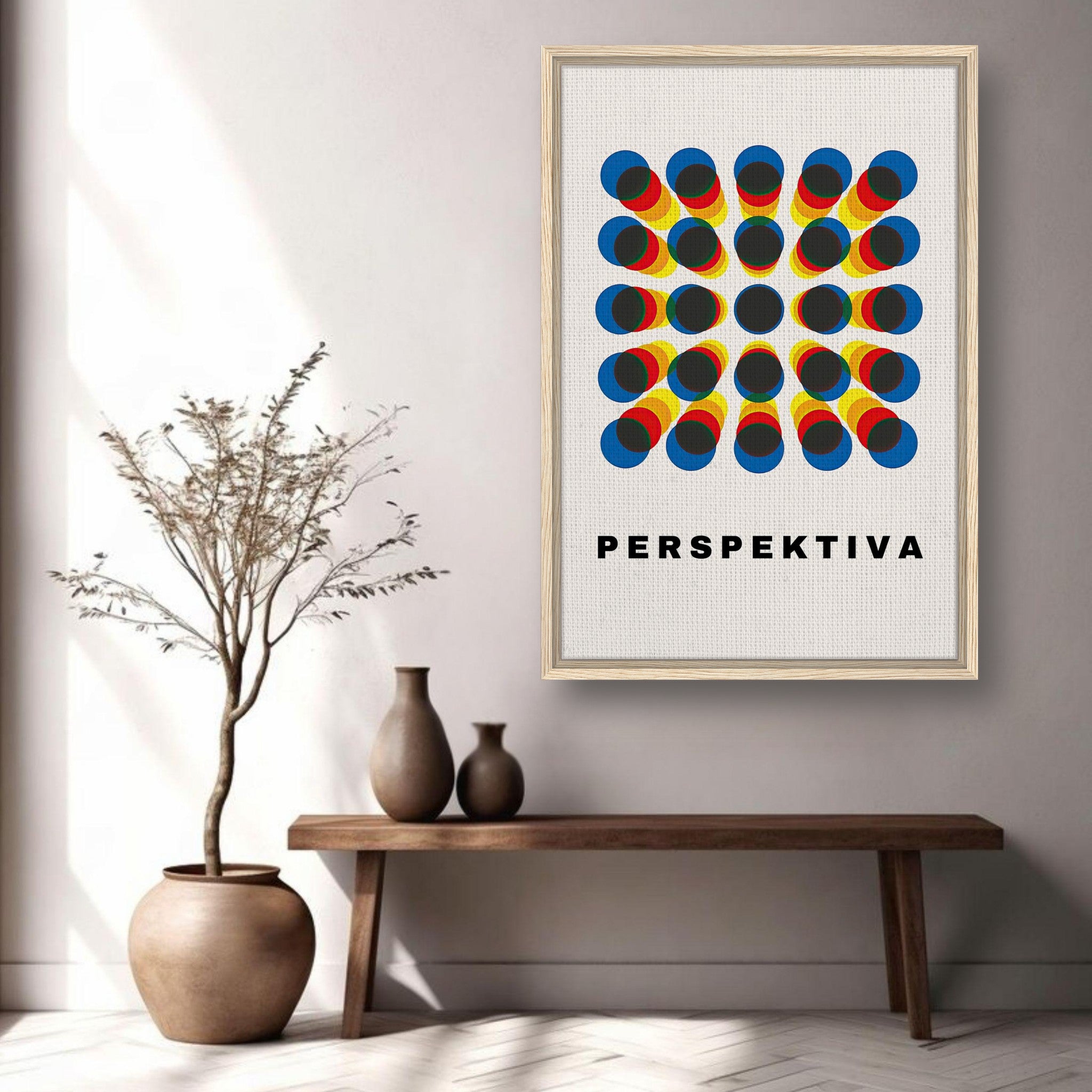 Framed Perspective Abstract Art print with geometric design in blue, yellow, and red hues, displayed in modern interior.