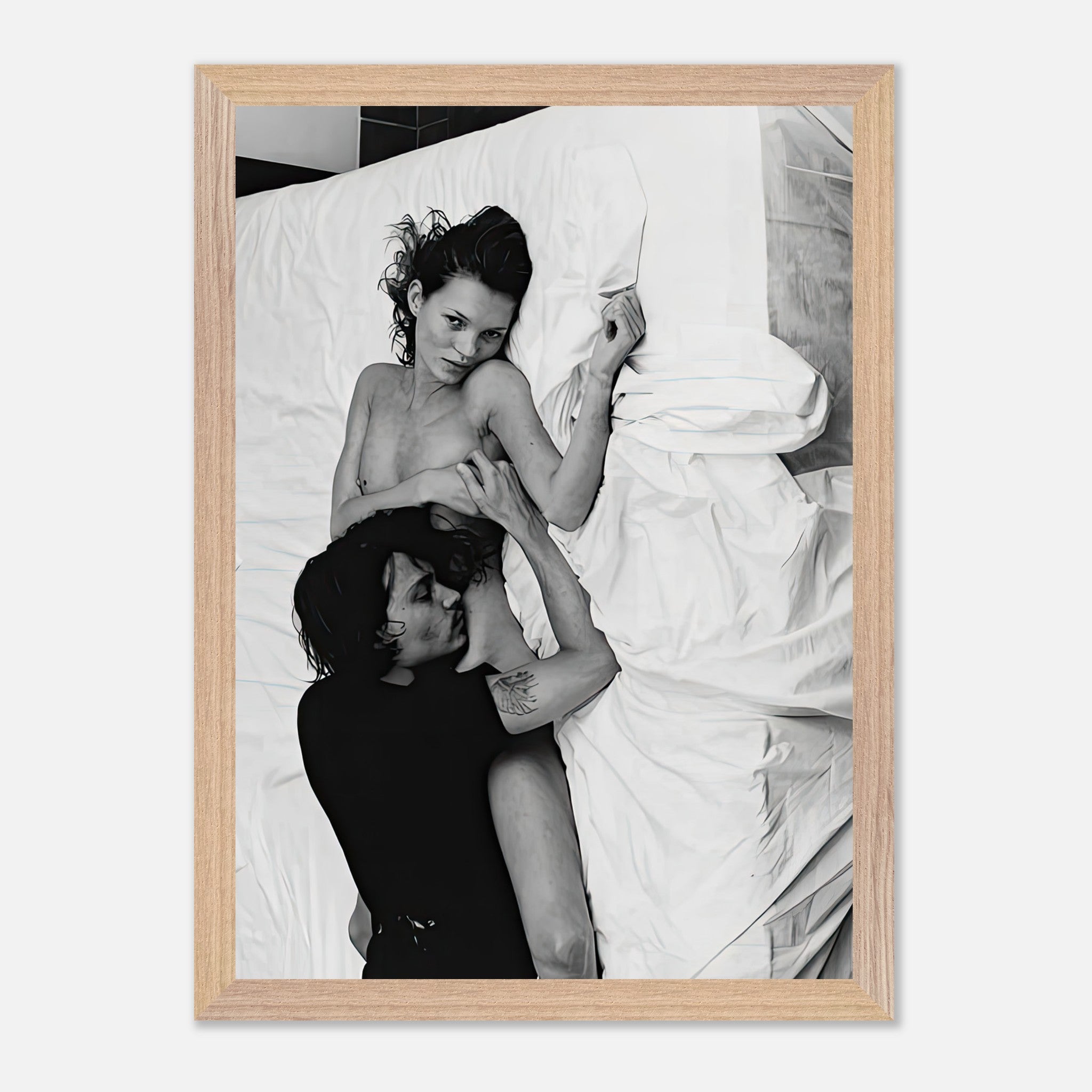 Vintage framed print of Kate Moss and Johnny Depp in 1994, capturing iconic romance and style by Annie Leibovitz.