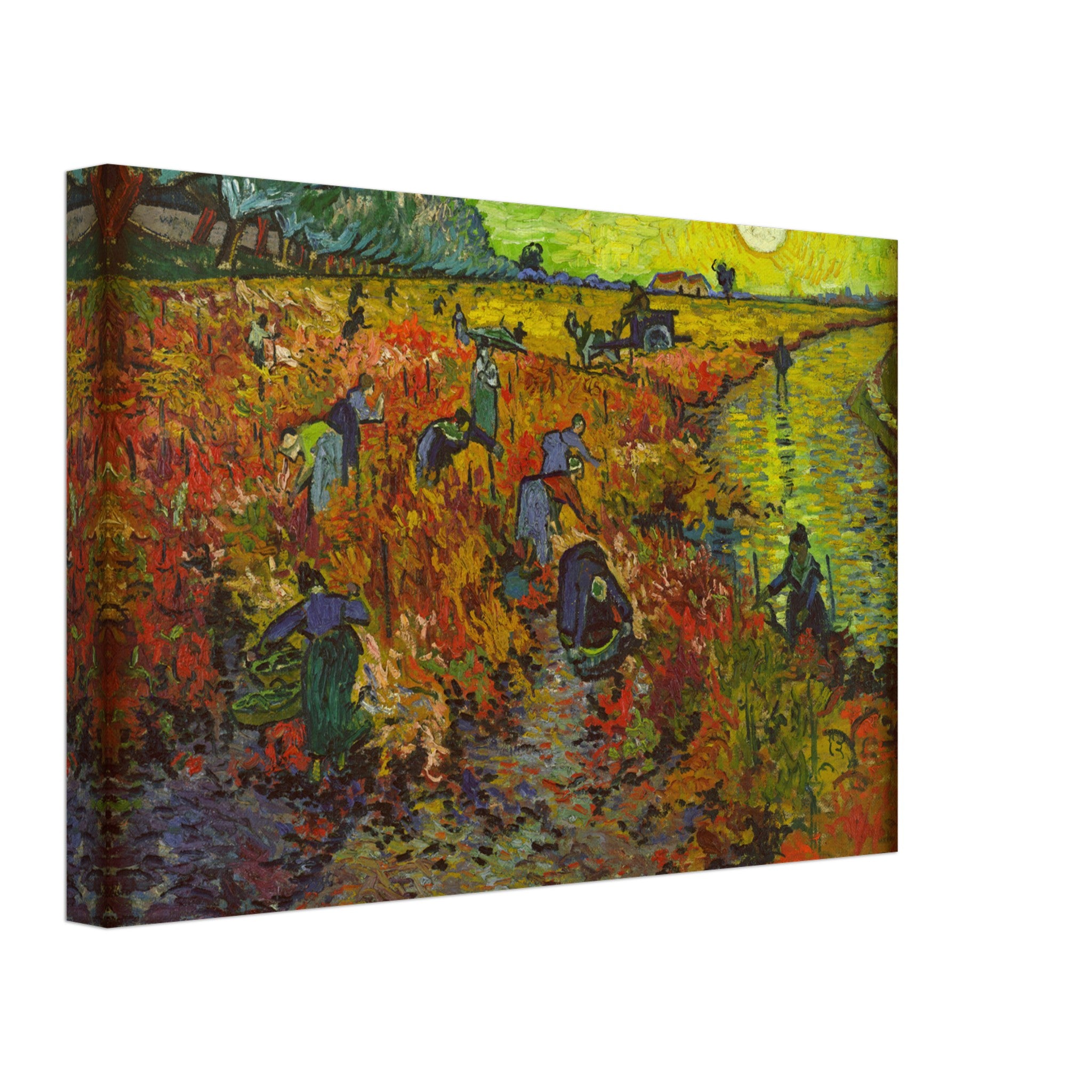 The Red Vineyard canvas print by Van Gogh showcasing vibrant colors and people harvesting grapes.