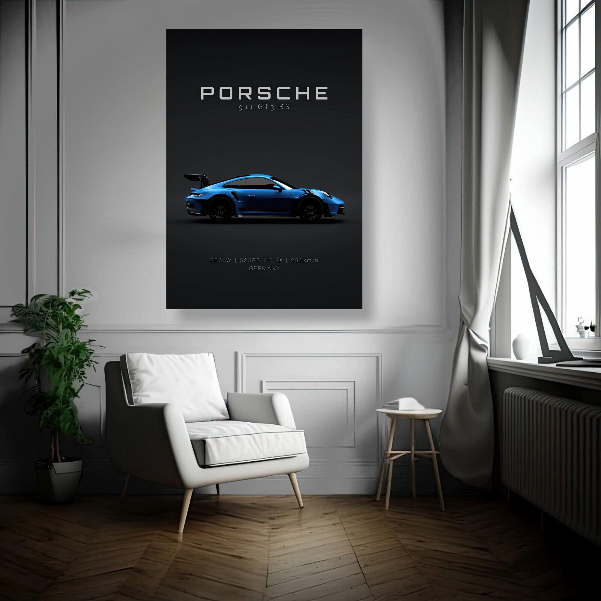 Porsche 911 GT3 RS metal print showcasing sleek blue car design in modern interior setting.
