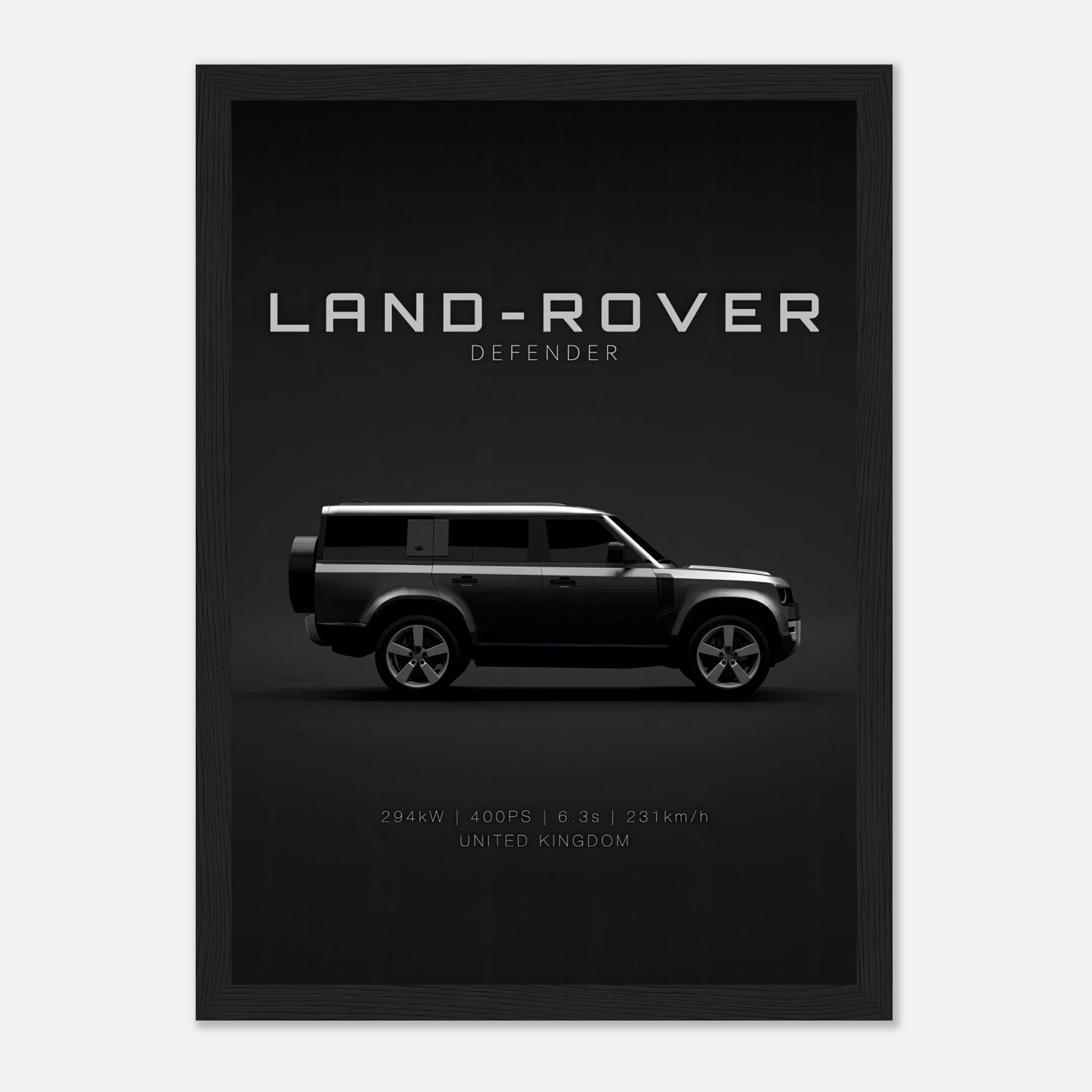 Land Rover Defender framed print showcasing sleek side profile with minimalist design, celebrating the iconic SUV.