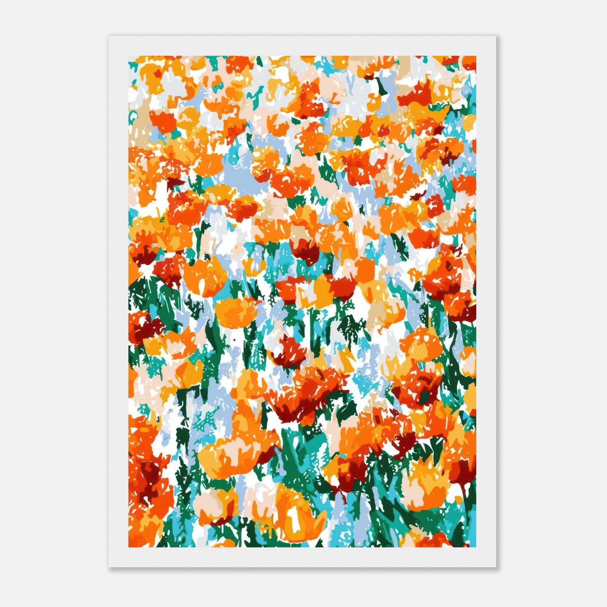 Vibrant abstract floral tulip garden print featuring bold oranges and lush greens in a dynamic design.
