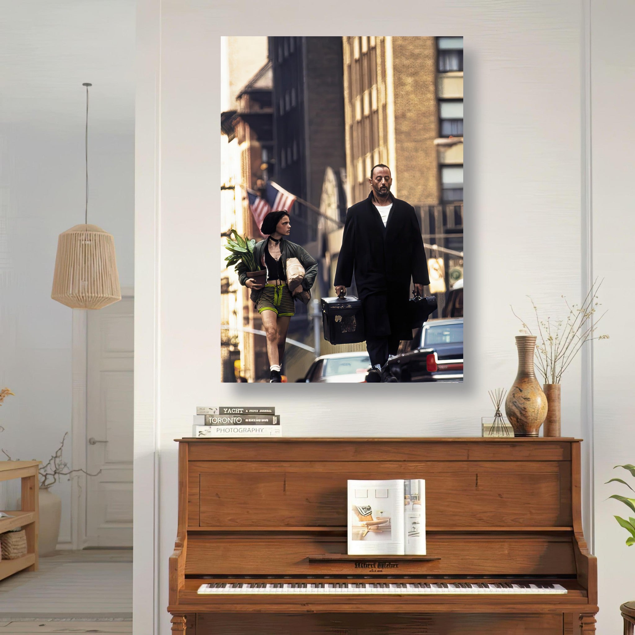 Jean Reno and Natalie Portman in iconic scene from *Leon: The Professional* metal print artwork.