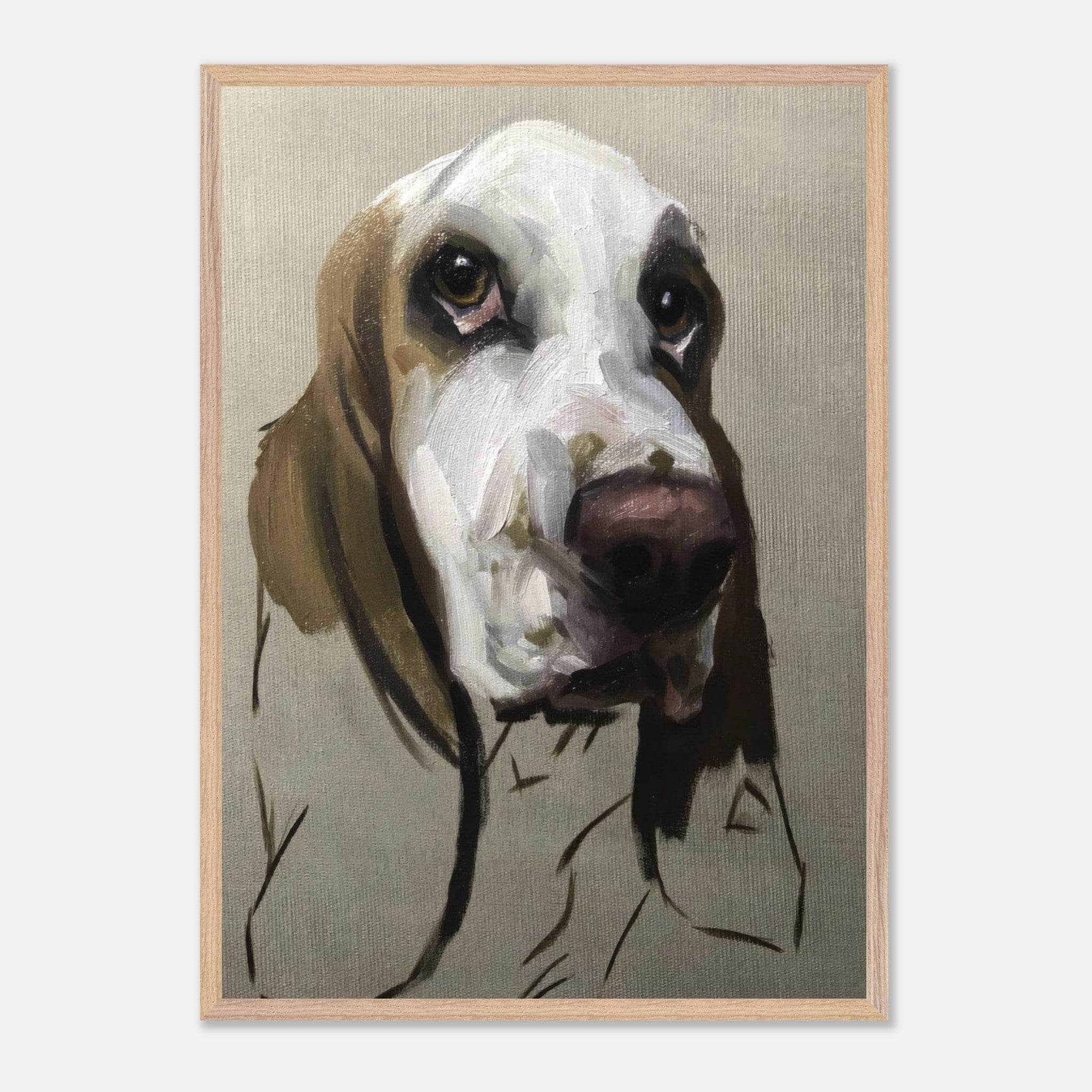 Basset Hound dog painting vintage framed print with expressive brushstrokes and soulful gaze