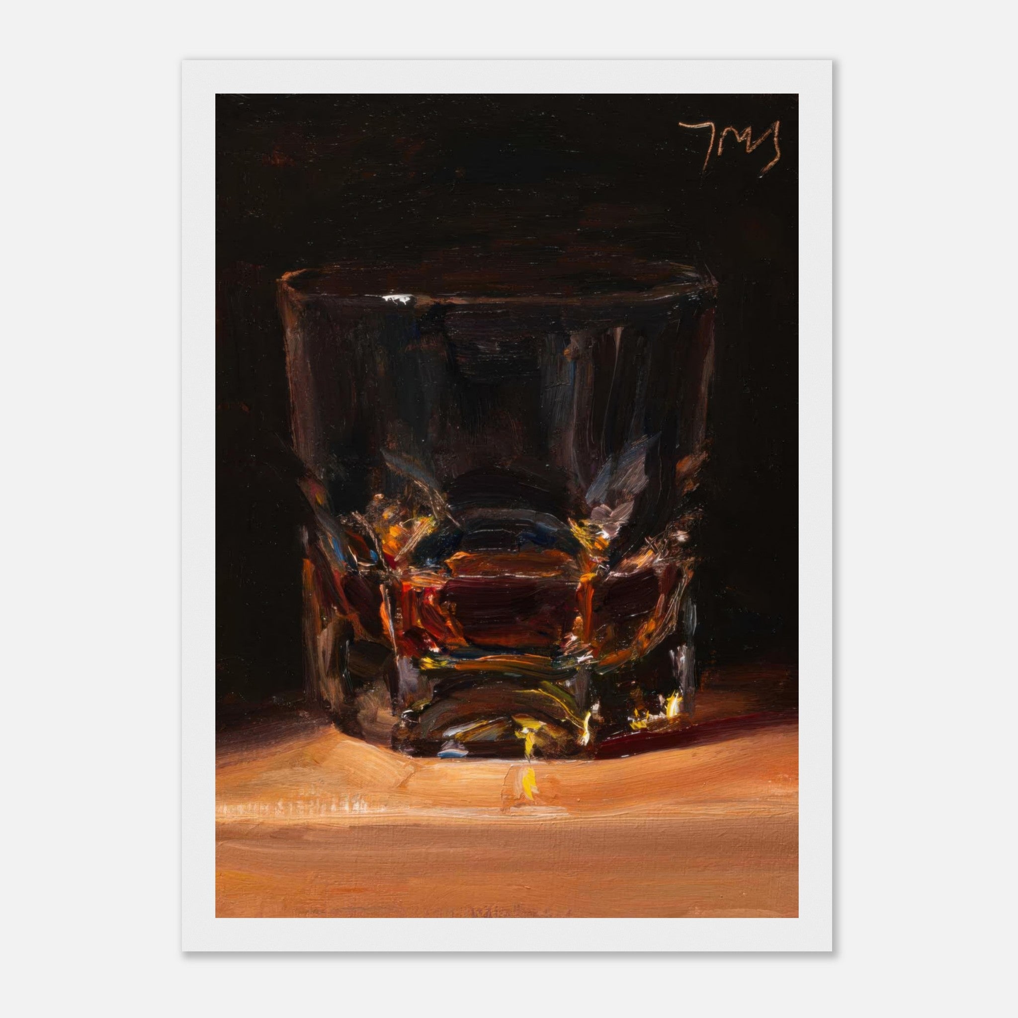 Whiskey framed print featuring a glass filled with amber liquid and dramatic brushstrokes, perfect for home decor.