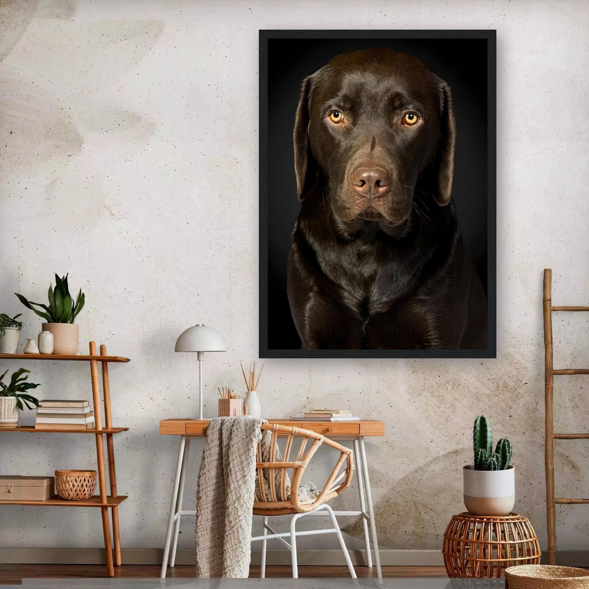 Chocolate Labrador portrait in a stylish frame, showcasing a soulful expression and rich brown coat against a dark background.