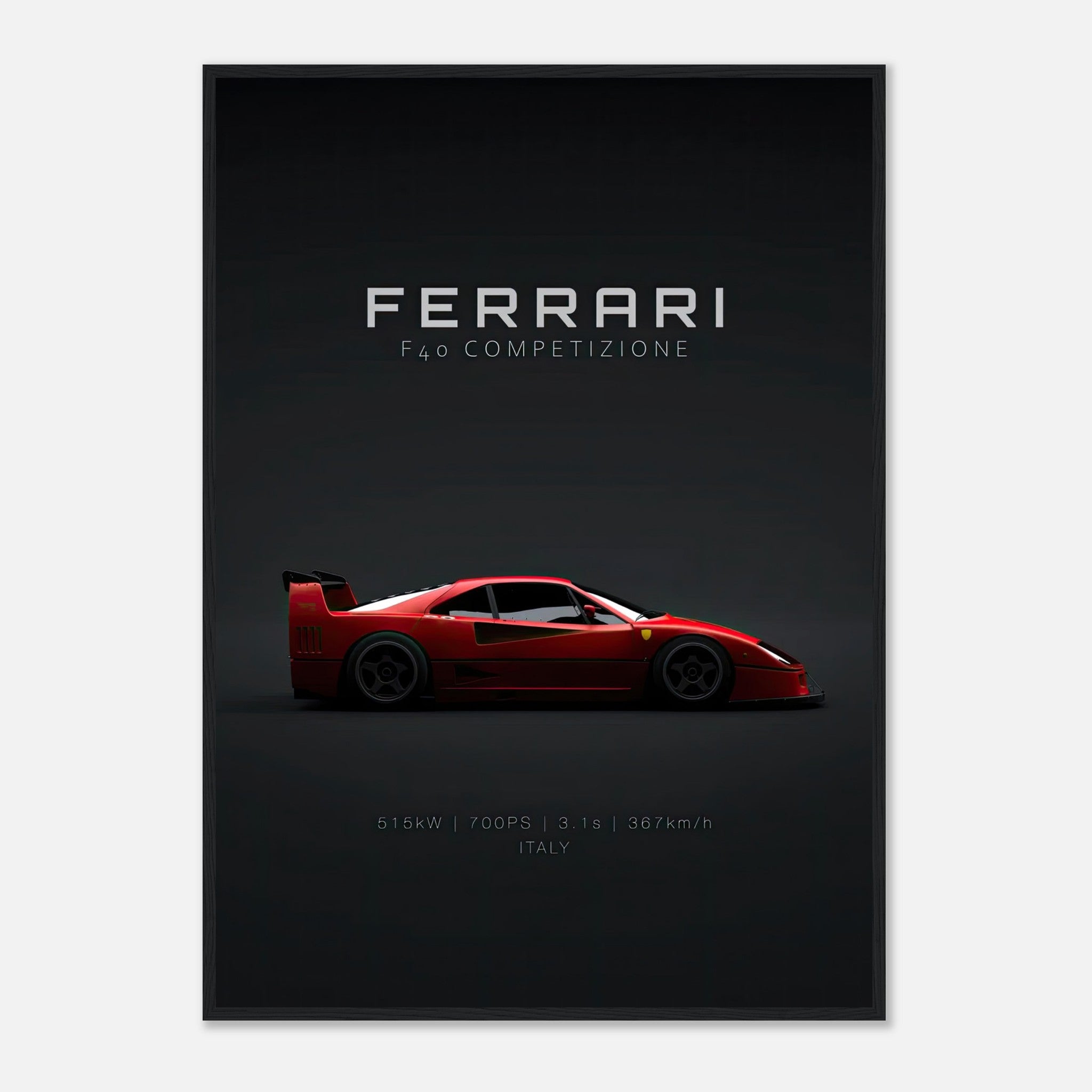 Ferrari F40 Competizione framed poster showcasing the iconic supercar's sleek design and powerful profile against a dark background.