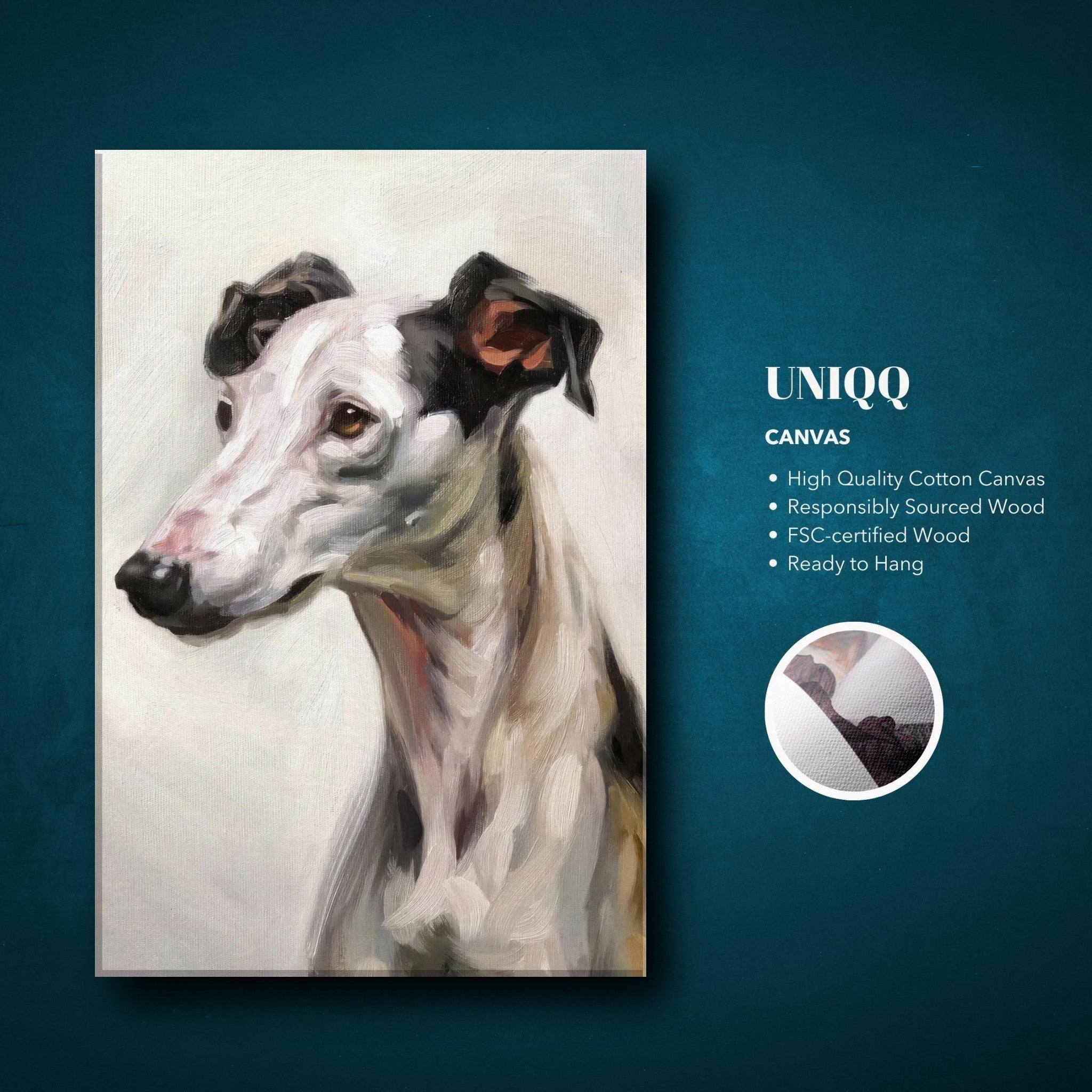 Greyhound dog canvas print featuring a detailed portrait of a Greyhound with soft brushstrokes, ready to hang.
