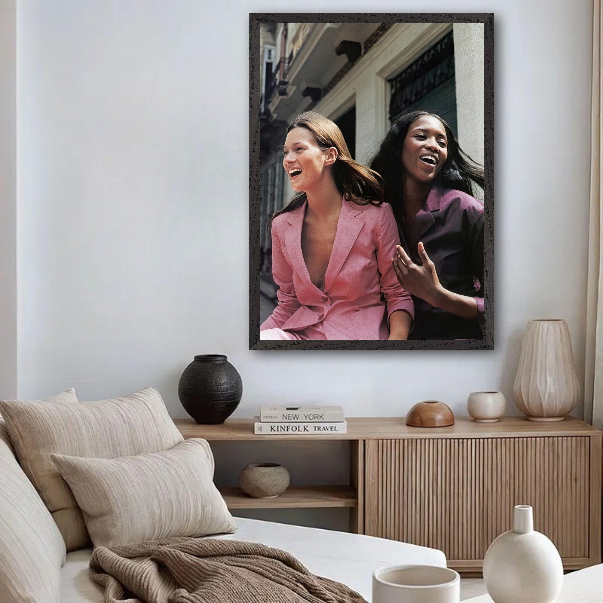 Naomi Campbell and Kate Moss fine art print in modern living room, showcasing fashion history and friendship.