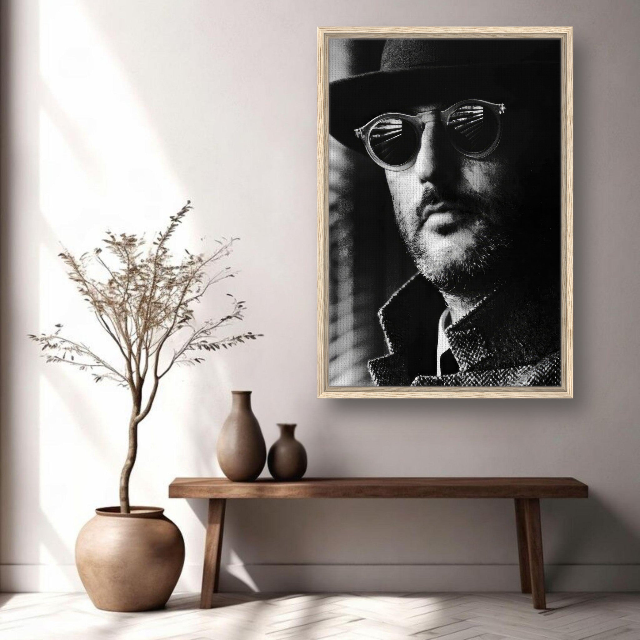 Jean Reno Leon Photography Framed Canvas Print in a stylish interior setting with natural light and elegant decor.