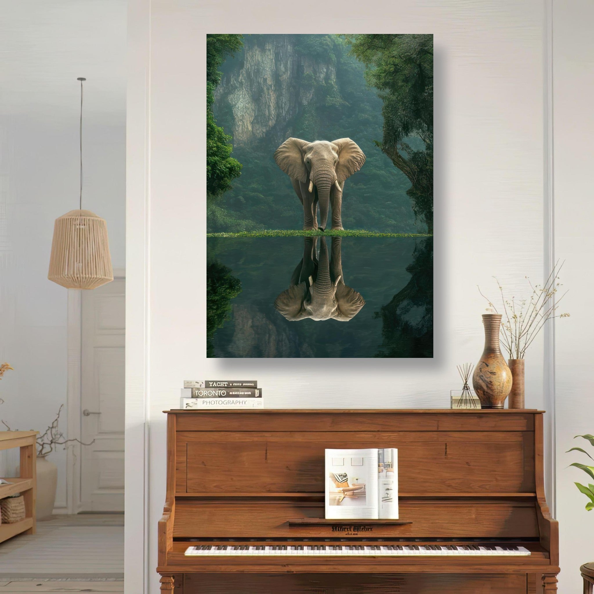 Stunning Jungle Elephant Portrait metal print showcasing an elephant reflected in tranquil waters surrounded by lush greenery.