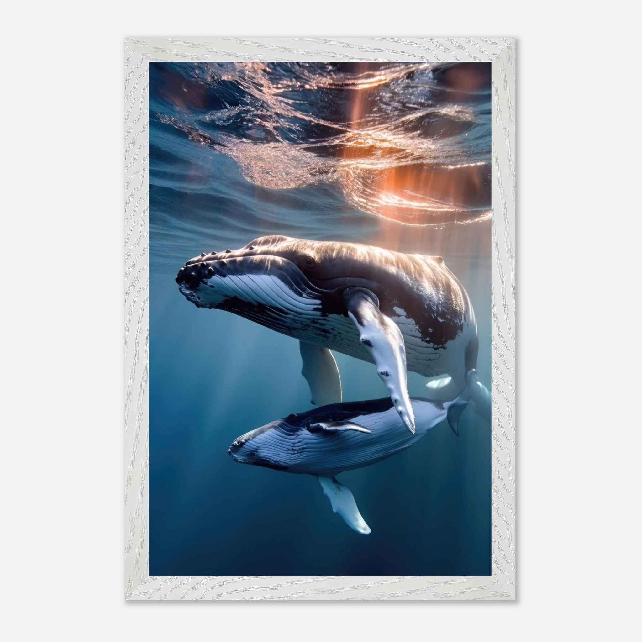 Underwater fine art print of a humpback whale and calf, highlighting ocean beauty and sunlight reflections.