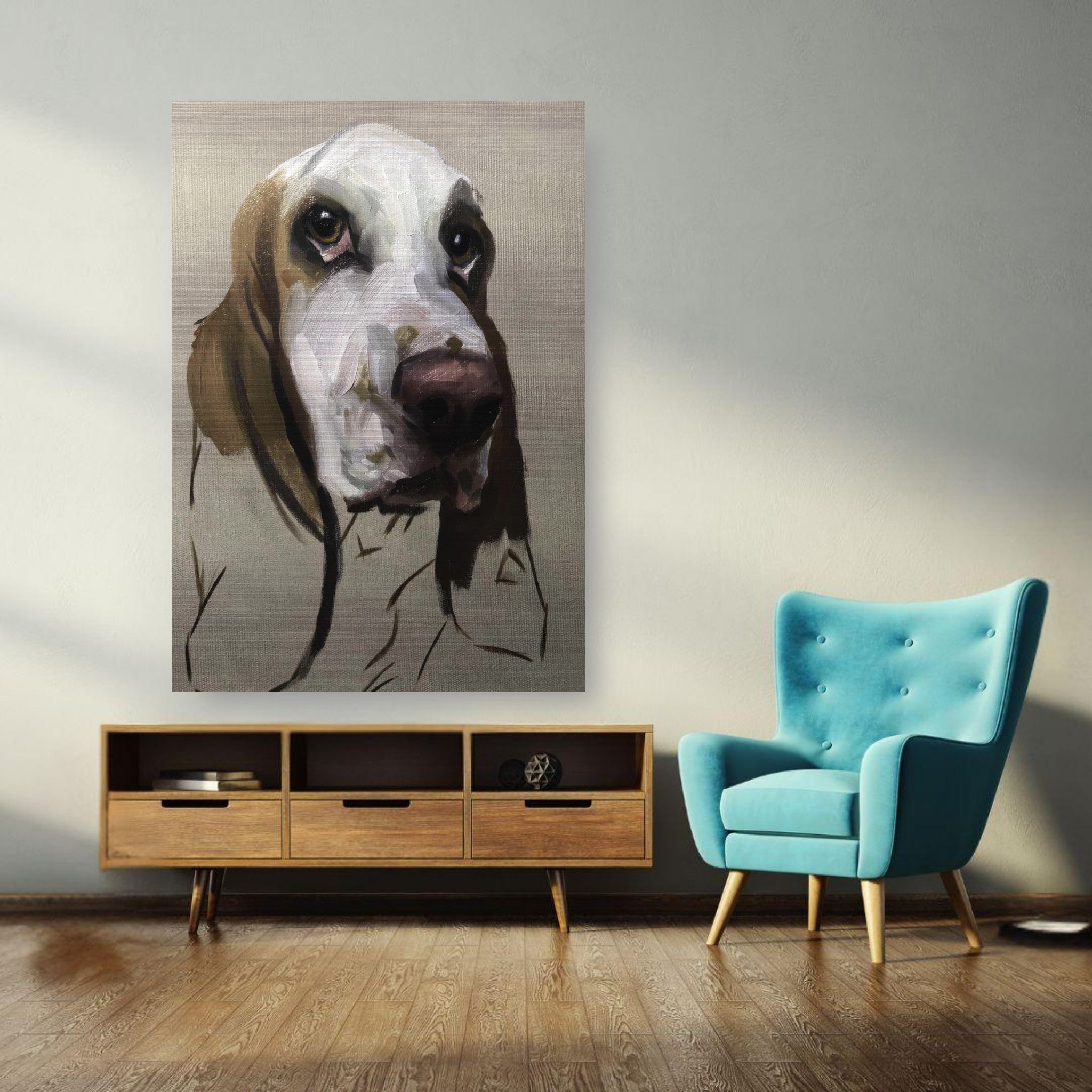 Basset Hound dog painting on brushed metal hanging in a modern living room above a wooden TV stand and turquoise chair.